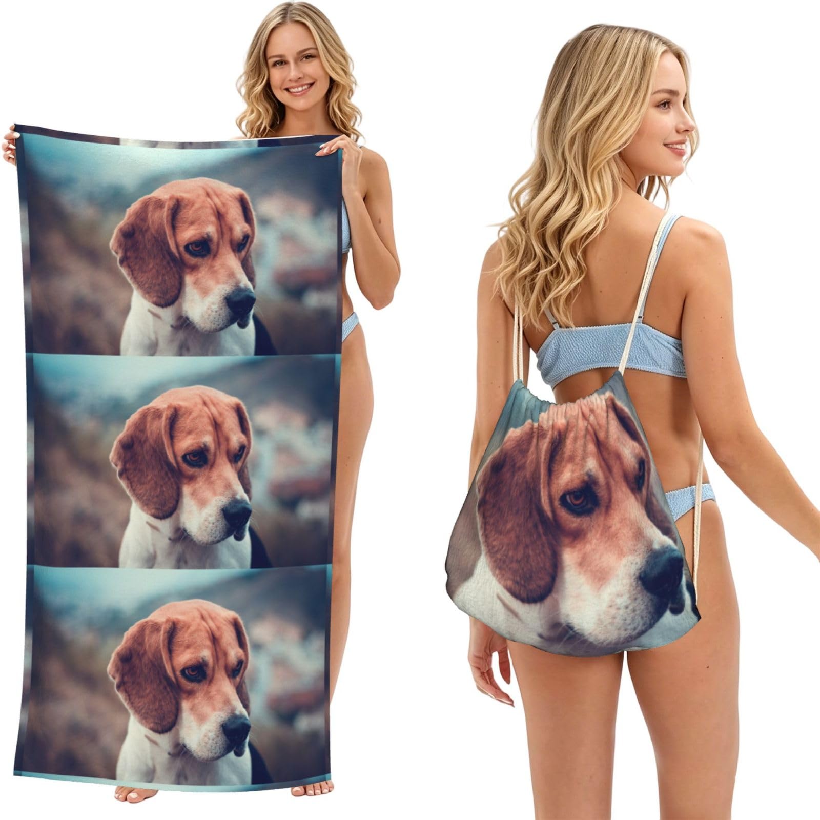 Poadnly As Picture Beagle Puppy Dogs Pets Beagle, 2 In 1 Packable Towel Bag, Beach Towels With Drawstring Backpack For Travel Holiday Camping