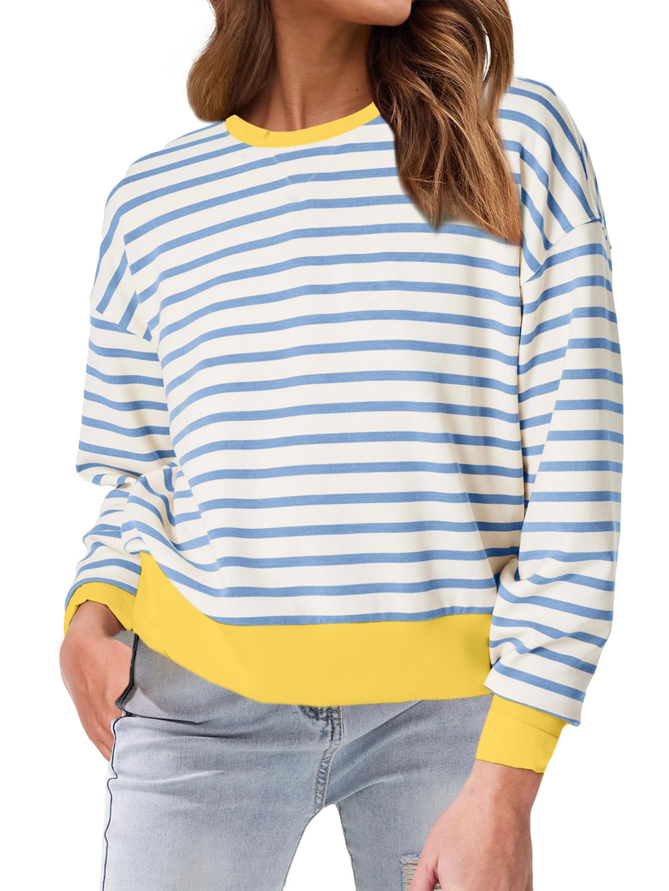 Women's Striped Crewneck Sweatshirt Pullover Casual Long Sleeve Cropped Shirts Loose Fit Tops-image-16