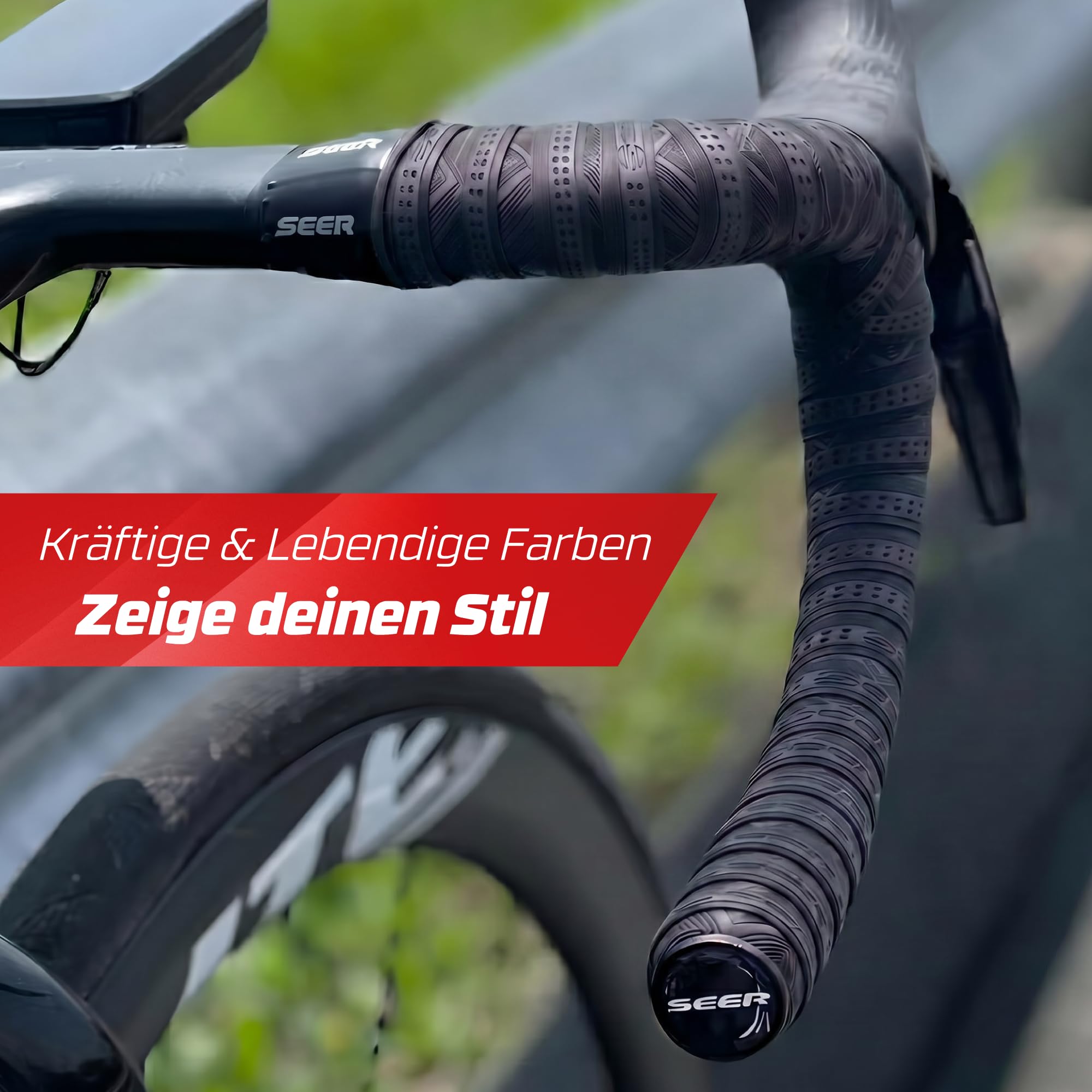 SEER Fahrrad Lenkerband – Ultra-Soft Polymer Lenkerband Rennrad & Gravel bike, komfortables Fahrradlenkerband, inkl. 2 Rollen, Endstopfen, Abschlussstreifen für ein hochwertiges Finish (SCHWARZ)