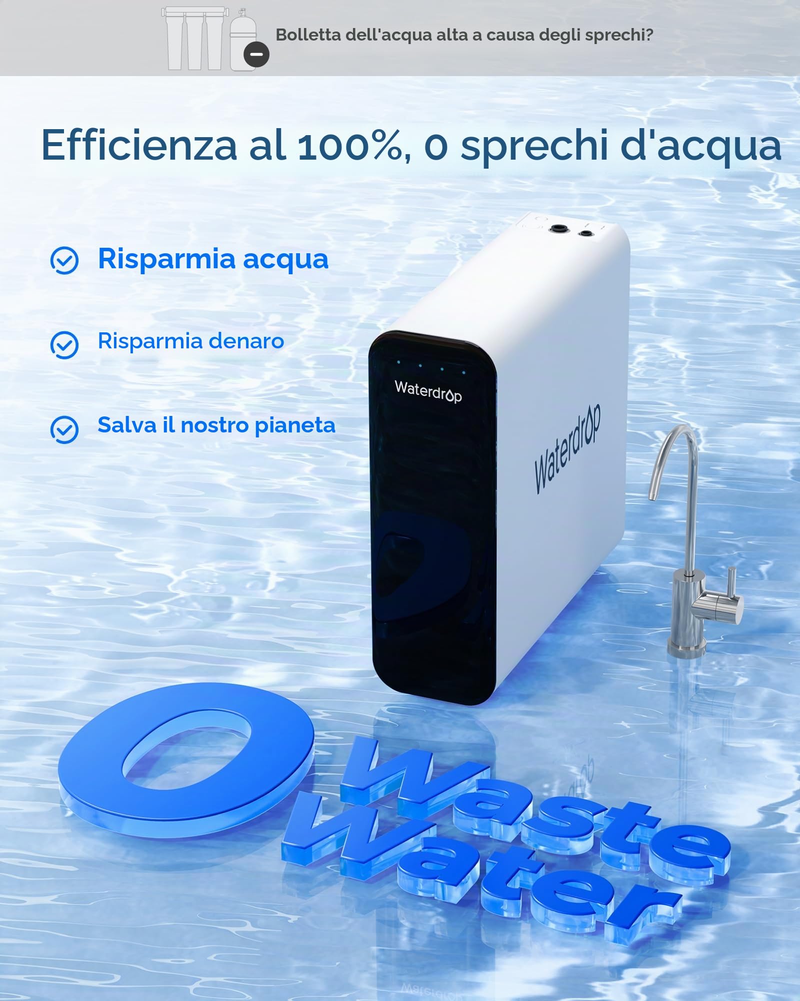 Waterdrop TSU 0,01μm Filtraggio dell'Acqua Sistema Sotto il Lavandino Con Ultrafiltrazione, Capacità Elevata a 3 Stadi, Pannello Intelligente, Nessuna Acqua di Scarico, Ridurre i PFAS, PFOA/PFOS