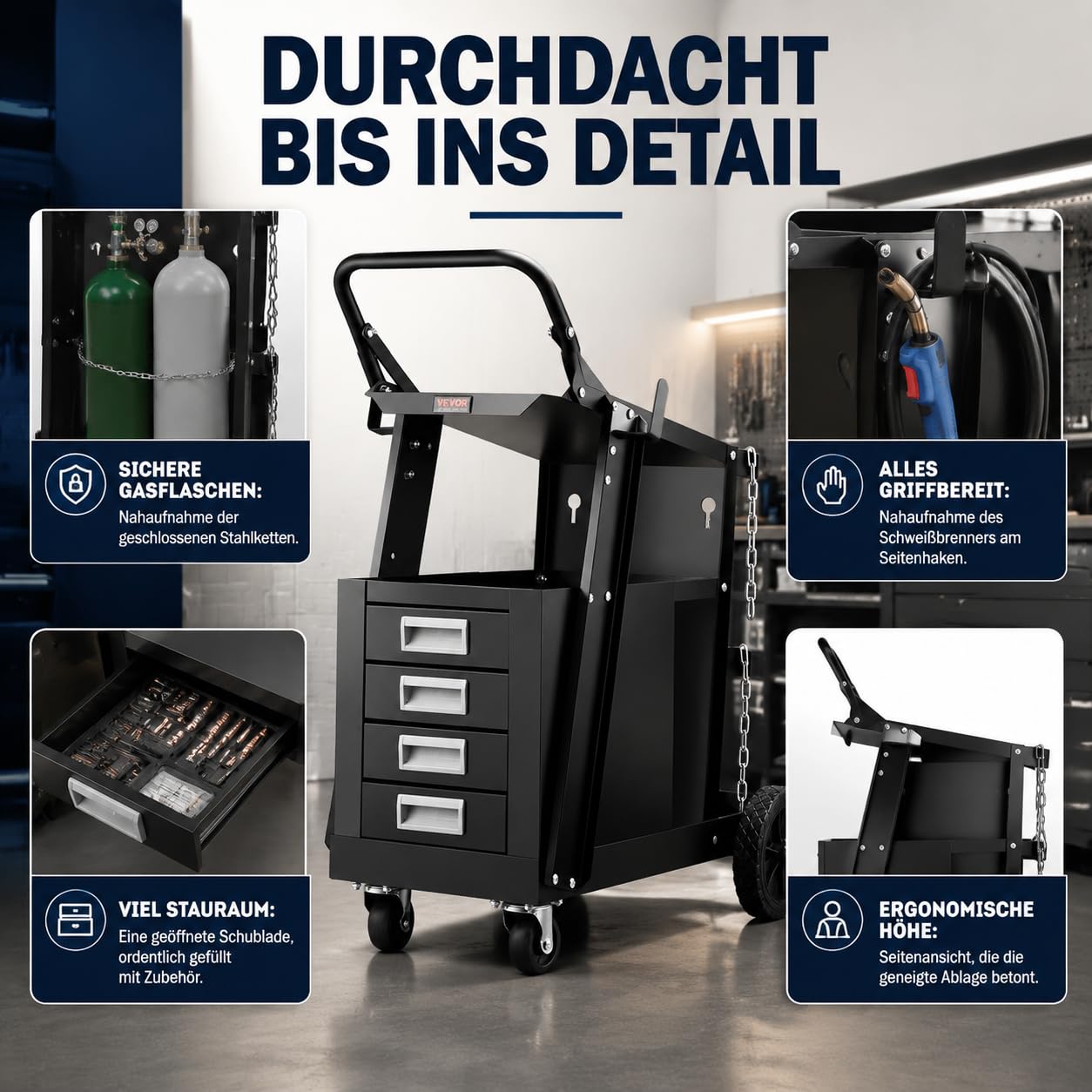 WERKTHOR Carrello Saldatrice Black Basic 100 kg 4 Cassetti Supporto Bombola Gas Sicurezza