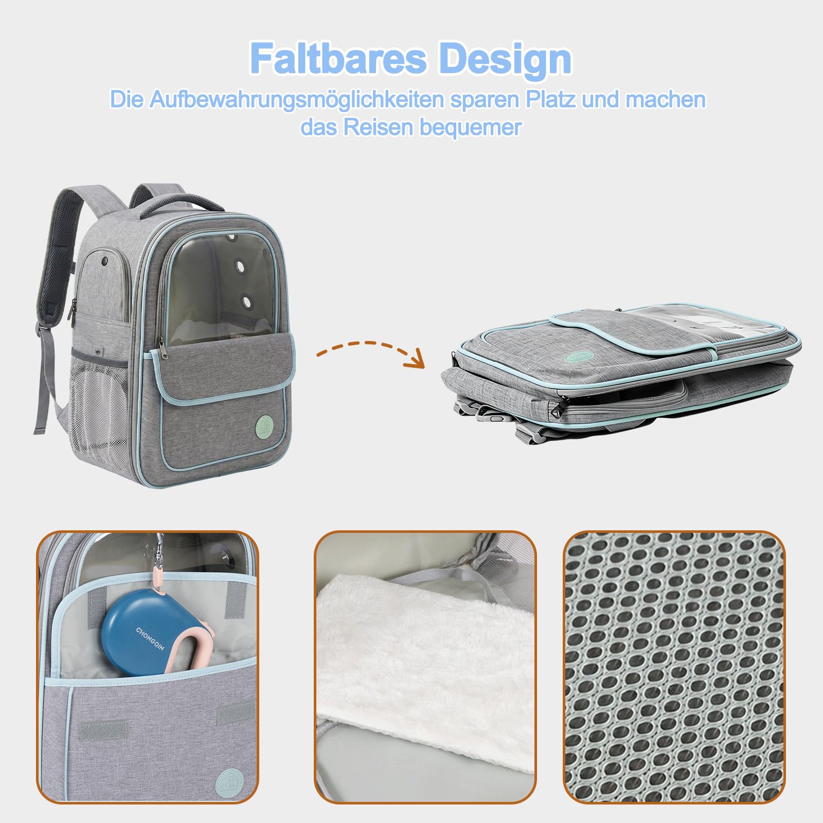 Galatée Haustierrucksack Aus Atmungsaktivem Oxford-Gewebe Mit Hochtransparentem Sichtfenster, Faltbar Und Mit Großem Fassungsvermögen, Mit Öffnungen Vorne Und An Der Seite (Blau)