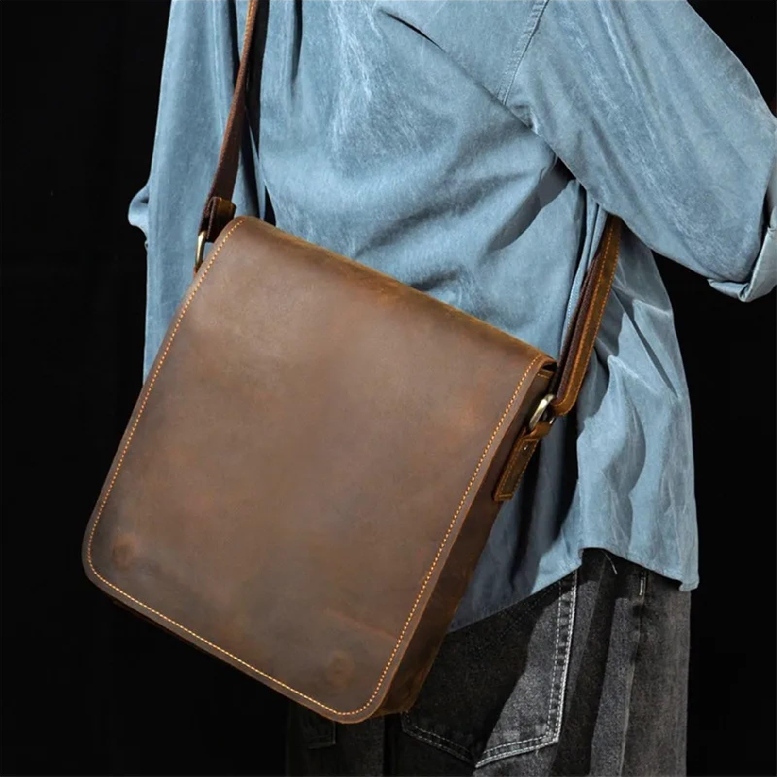 Borsa per Documenti Ufficio Borsa a tracolla in pelle, stile retrò, in di cavallo pazzo, da uomo, casual, semplice, in