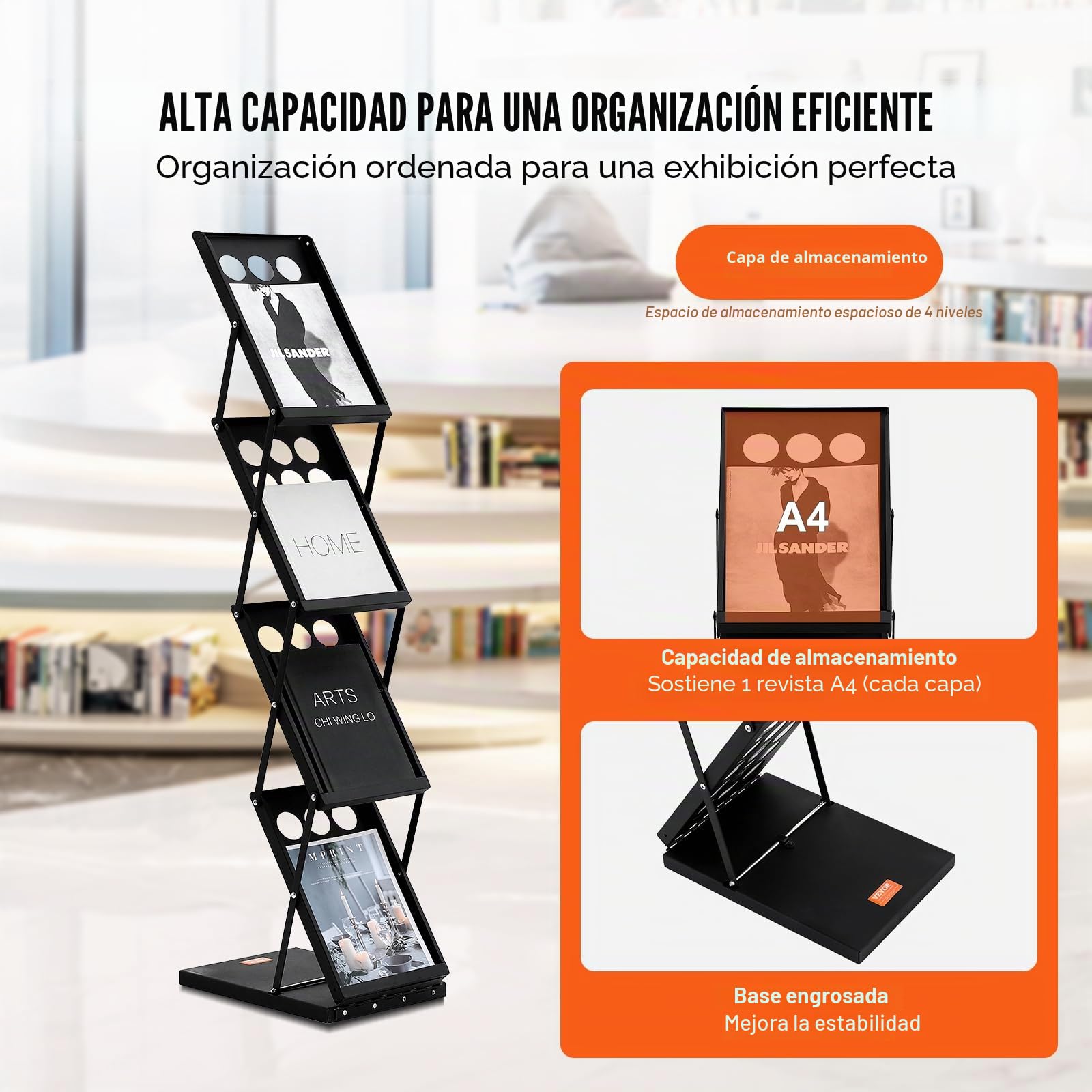 VEVOR Expositor Plegable para Revistas Soporte de Exhibición de Folletos 4 Niveles Estante Portátil para Folletos con Bolsa de Transporte para Exposiciones de Oficina, Ferias Comerciales, 4 Bolsillos