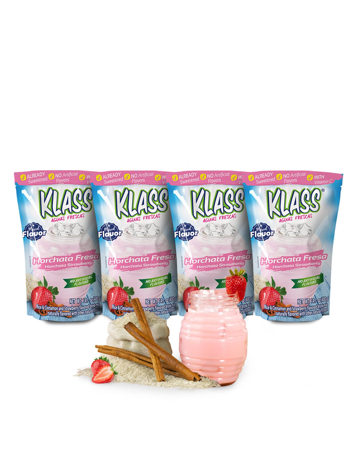 Klass Aguas Frescas | Drink Mix | Horchata & Strawberry Horchata | Flavors From Natural Sources, No Artificial Flavors, With Vitamin C (Makes 7 to 9 Quarts) 14.1 Oz Family Pack (4Pack)