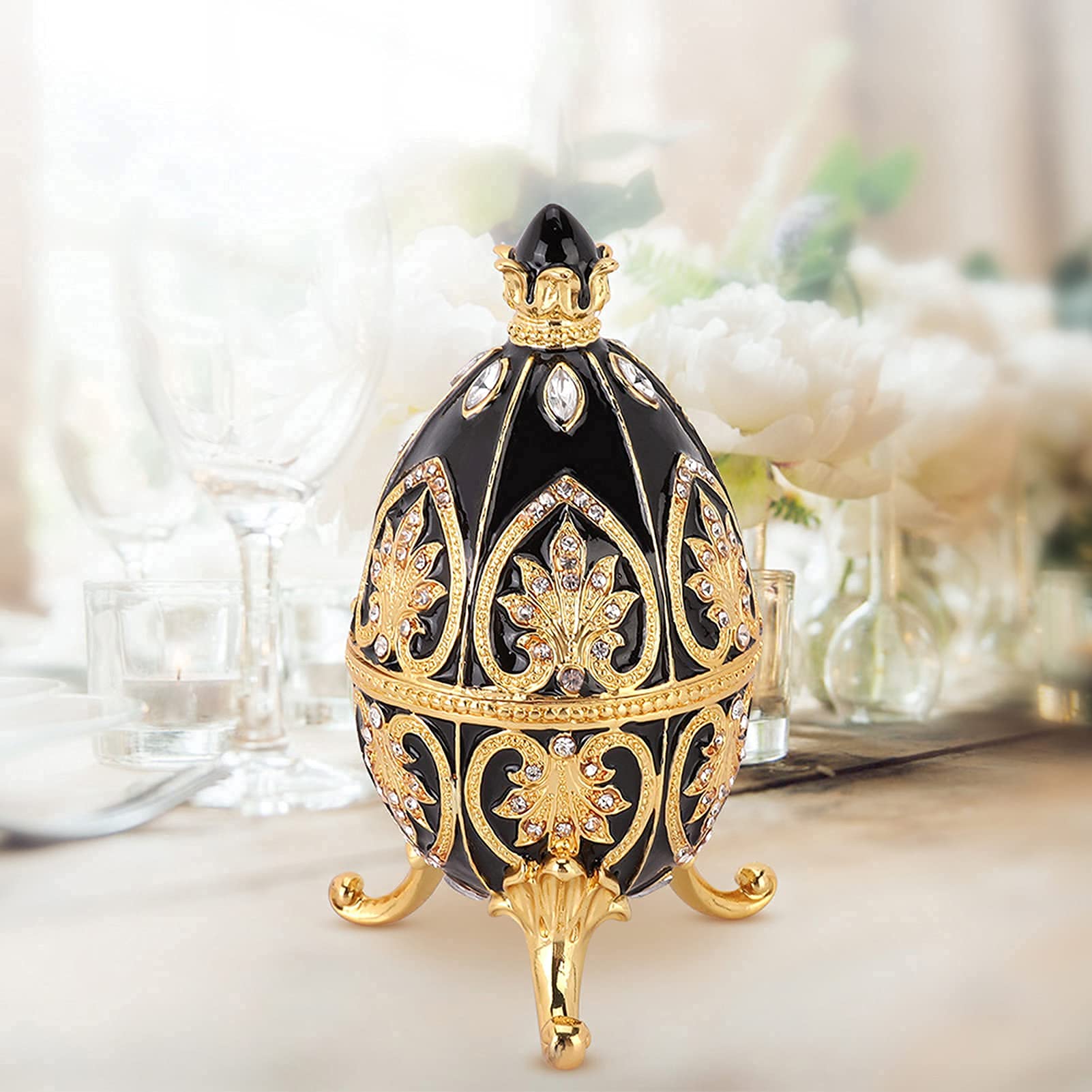 Huevo de Pascua Decorativo Estilo Fabergé, Esmaltado, Pintado a Mano, con Diamantes Brillantes, Caja para Tesoros, para Regalos y Decoración