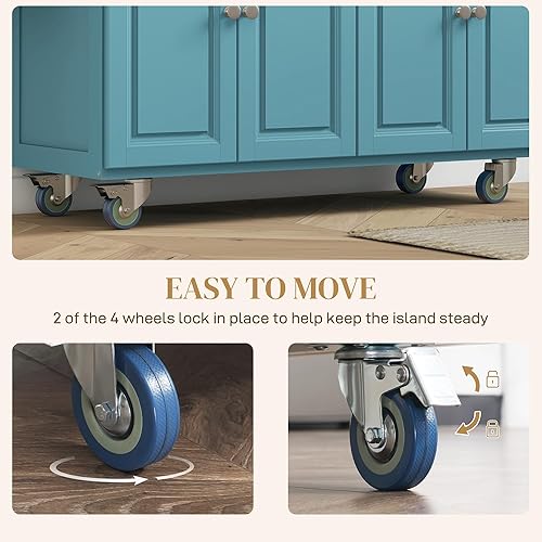 Miniatura 5 de HOMCOM Carrito de isla de cocina rodante con hoja caída, carrito de cocina con ruedas con parte superior de madera de goma, 2 cajones y 2 armarios