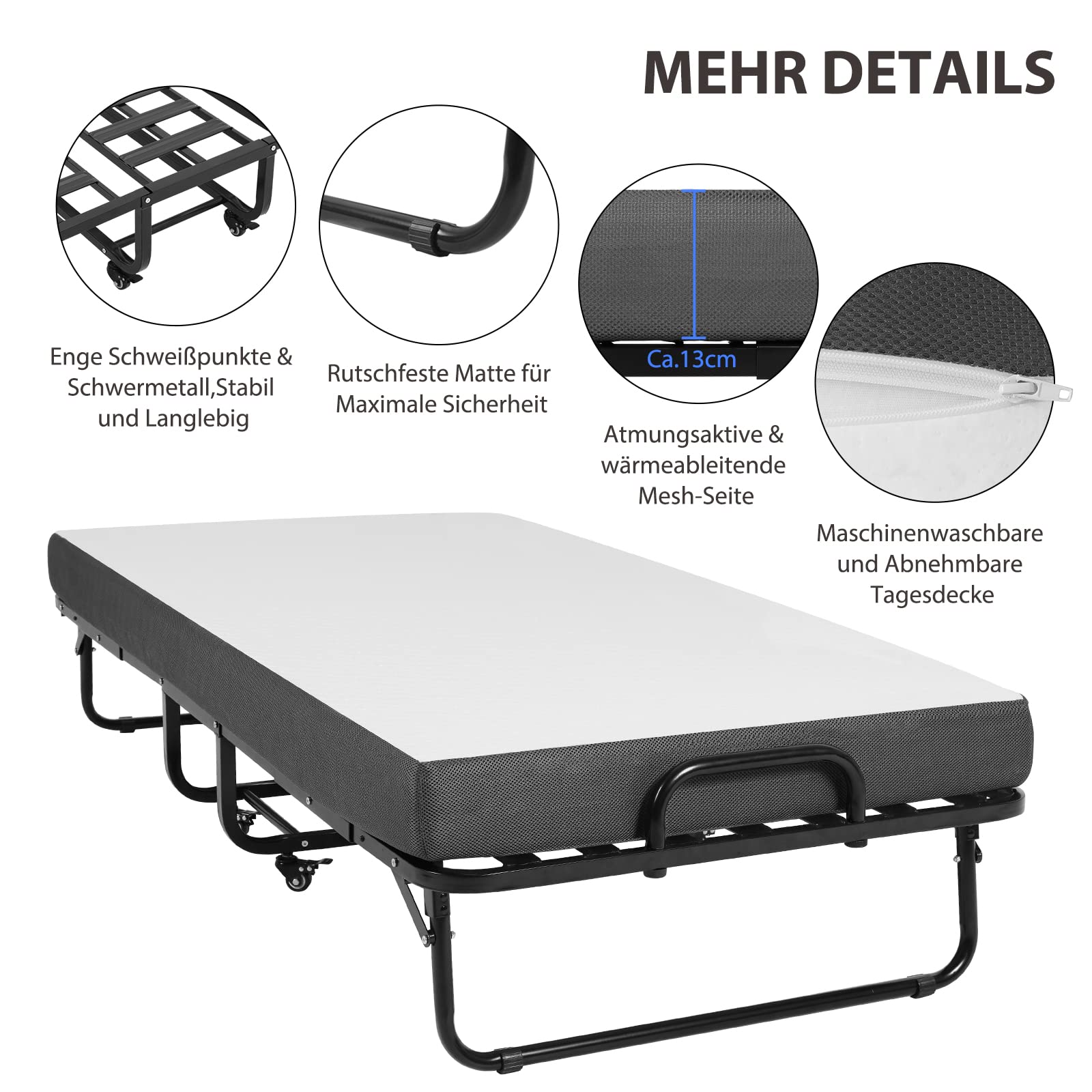 DICTAC Klappbett 90x200cm Erwachsene mit ca.13CM Matratze aus Gedächtnisschaum Gästebett Klappbar Metallrahmen Klappbetten mit Rollen Reisebett Faltbares Metallbett Stabil bis 200 kg belastbar