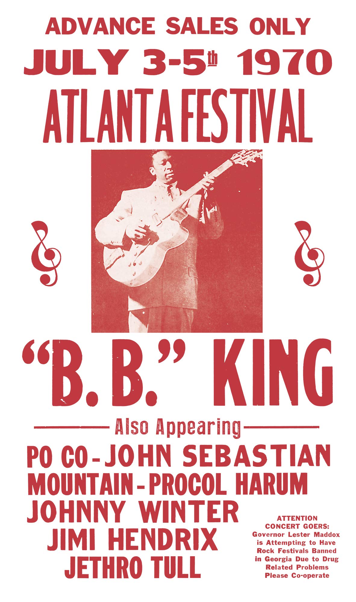 Per Diem Printing B. B. King - Atlanta Festival - 13”x22” Vintage Style Showprint Poster - Home Nostalgia Decor – Wall Art Print - Concert Bill