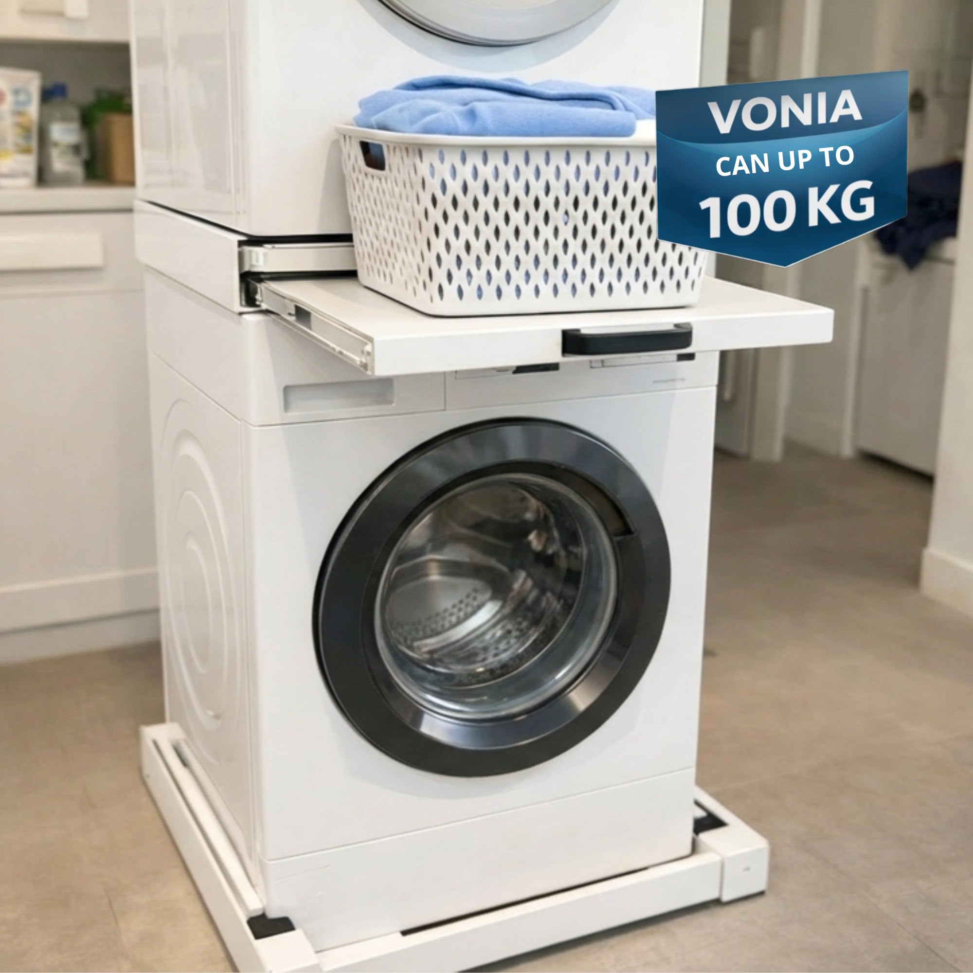 Vonia Lavatrice Asciugatrice Stack Kit - Piano di lavoro allungabile - Distanziatore per lavasciuga - Kit di impilamento per lavasciuga - Universale (Bianco)