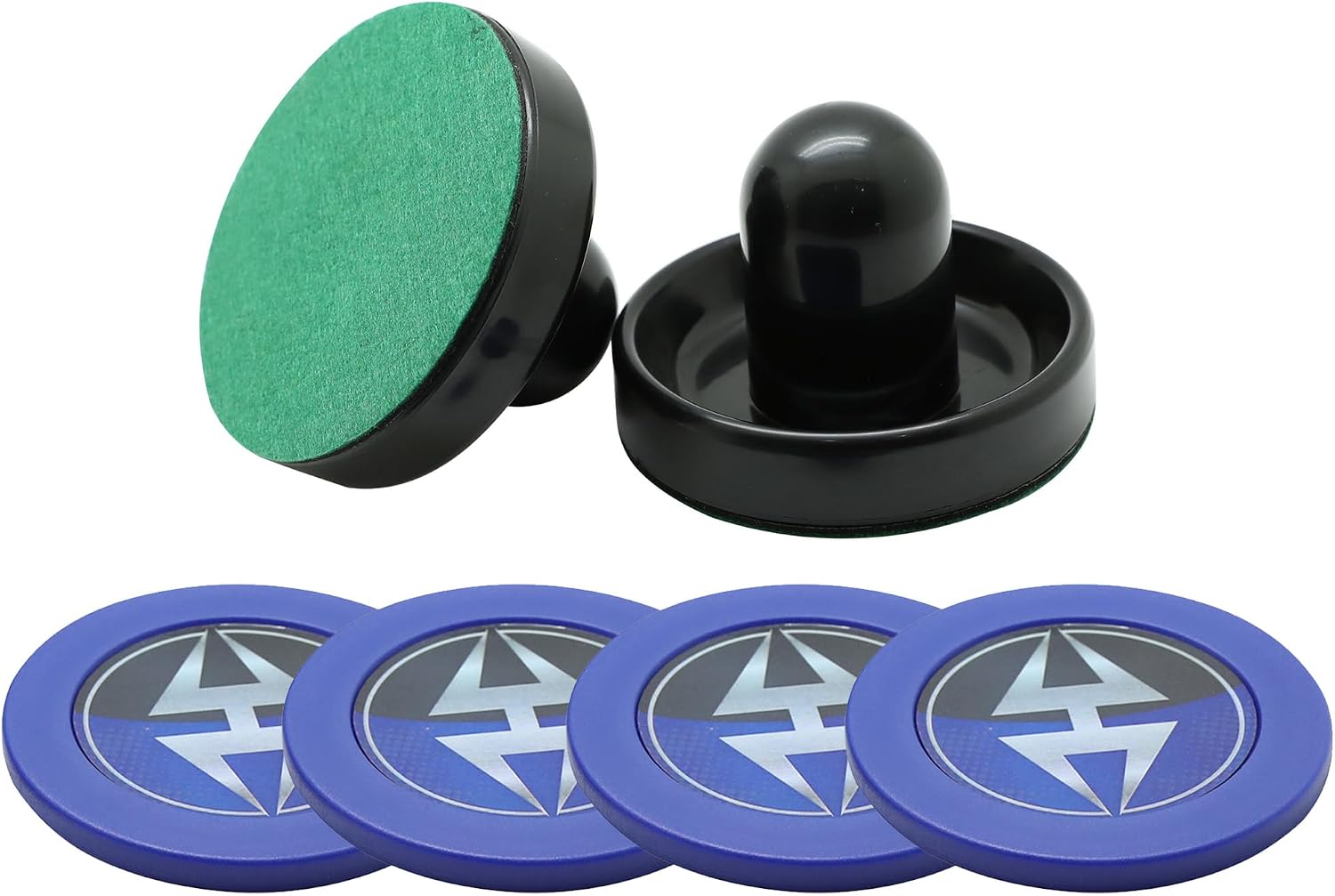 Hathaway Air Hockey Pucks and Paddles Set – Two Ergonomic 3.75-inch Pushers and Four 2.87-inch ABS Table Hockey Pucks – Durable Game Accessories for Home Play or Arcade Style Tables - Black and Blue