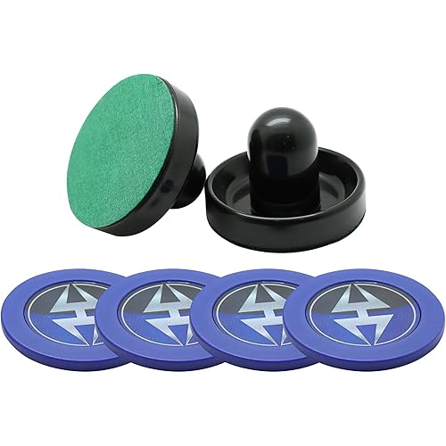 Hathaway Air Hockey Pucks and Paddles Set – Two Ergonomic 3.75-inch Pushers and Four 2.87-inch ABS Table Hockey Pucks – Durable Game Accessories for Home Play or Arcade Style Tables - Black and Blue