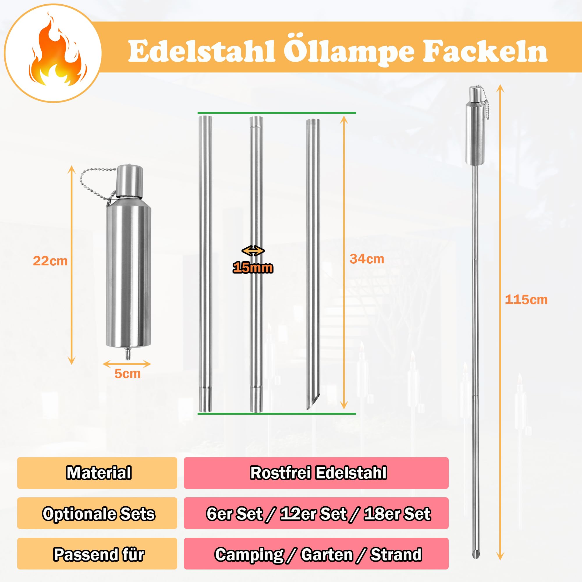 SUBTLETY 115 cm pochodnia ogrodowa do użytku na zewnątrz, ze stali nierdzewnej, 330 ml, do ponownego napełnienia, zbiornik na olej, czas palenia 6 godzin, nierdzewna, lampa naftowa na balkon, do