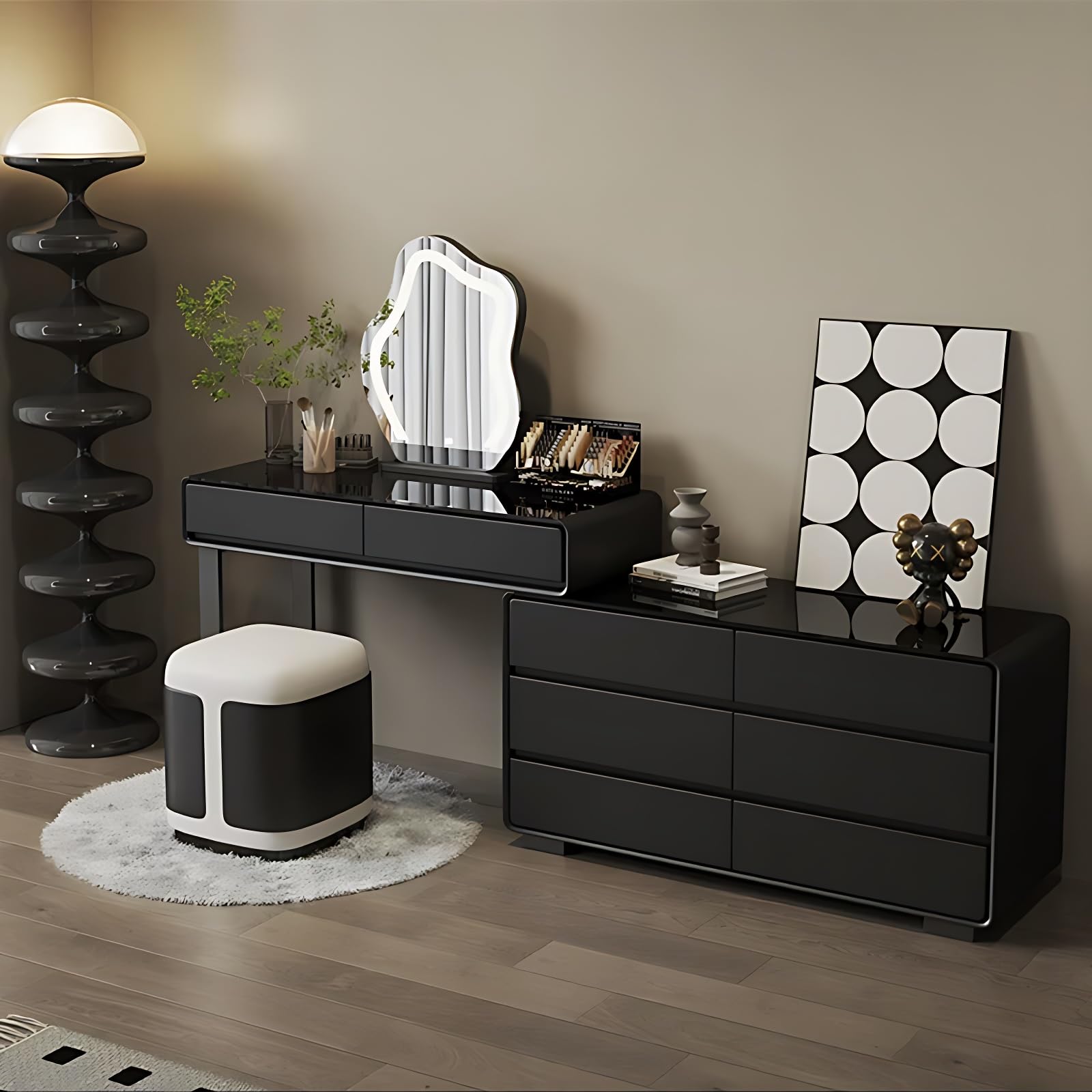 ZGNBSD Makeup Vanity Table - Vanity Set with Drawers & LED Makeup Mirror | Solid Wood Bedroom Vanity Desk | Luxury Makeup Experience