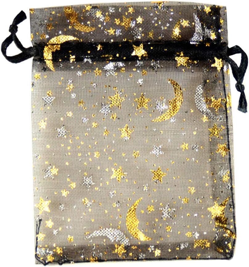 SUNGULF 100Pcs 4x5 Inches Sheer Organza Drawstring Pouches Stars And Moon Wedding Party Favor Jewelry Candy Gift Bags (Black)