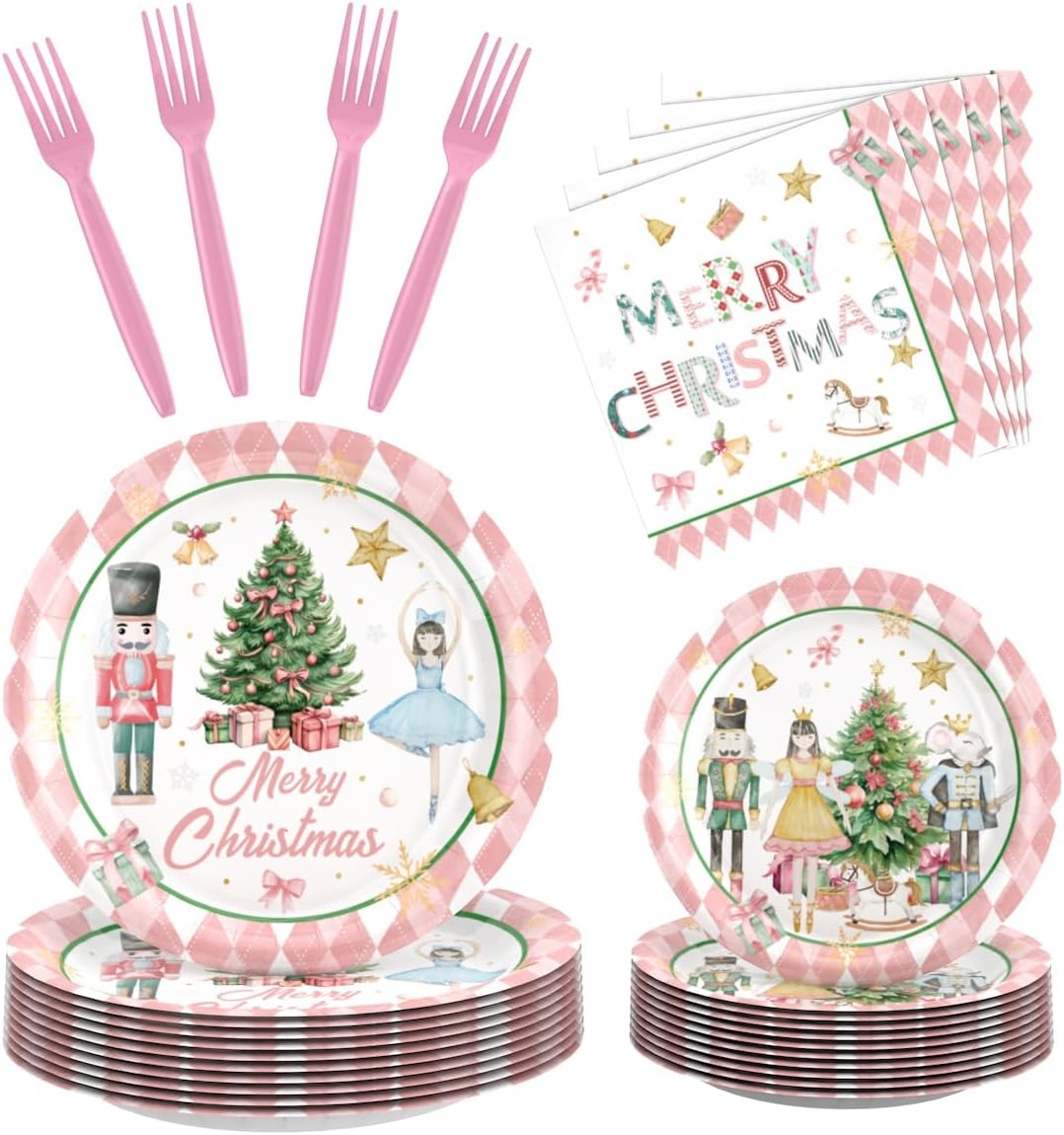 193 Pcs Nutcracker Christmas Party Decorations, Party Supplies Tableware Set Serves 24, with Plates Napkins Cups Fork Knives Spoon Tablecloth Banner, Ballet Themed Disposable Dinnerware Pack
