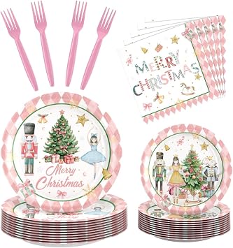 193 Pcs Nutcracker Christmas Party Decorations, Party Supplies Tableware Set Serves 24, with Plates Napkins Cups Fork Knives Spoon Tablecloth Banner, Ballet Themed Disposable Dinnerware Pack