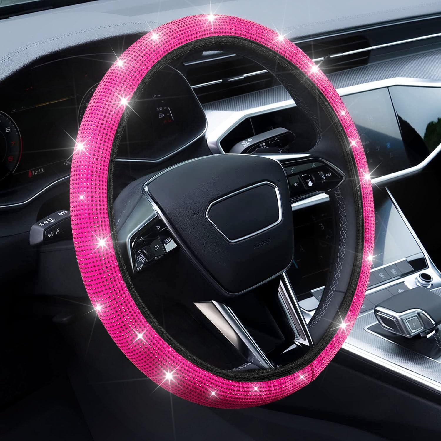 Bling Steering Wheel Cover, Rhinestone Steering Wheel Cover with Crystal Diamond for Women, Sparkling Car Wheel Protector Universal Fit 14-15 inches - Hot Pink