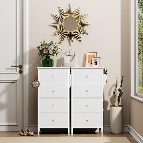 Miniatura 9 de Cómoda alta con 4 cajones de tela, cómoda blanca para dormitorio, torre de almacenamiento alta para armario, dormitorio, mesita de noche con