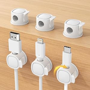 6Pack Rotatable Cord Organizer, Spring Cable Clips with Clasp Lock, Smooth Adjustable Cord Holder for Nightstand Car Home Office (White)