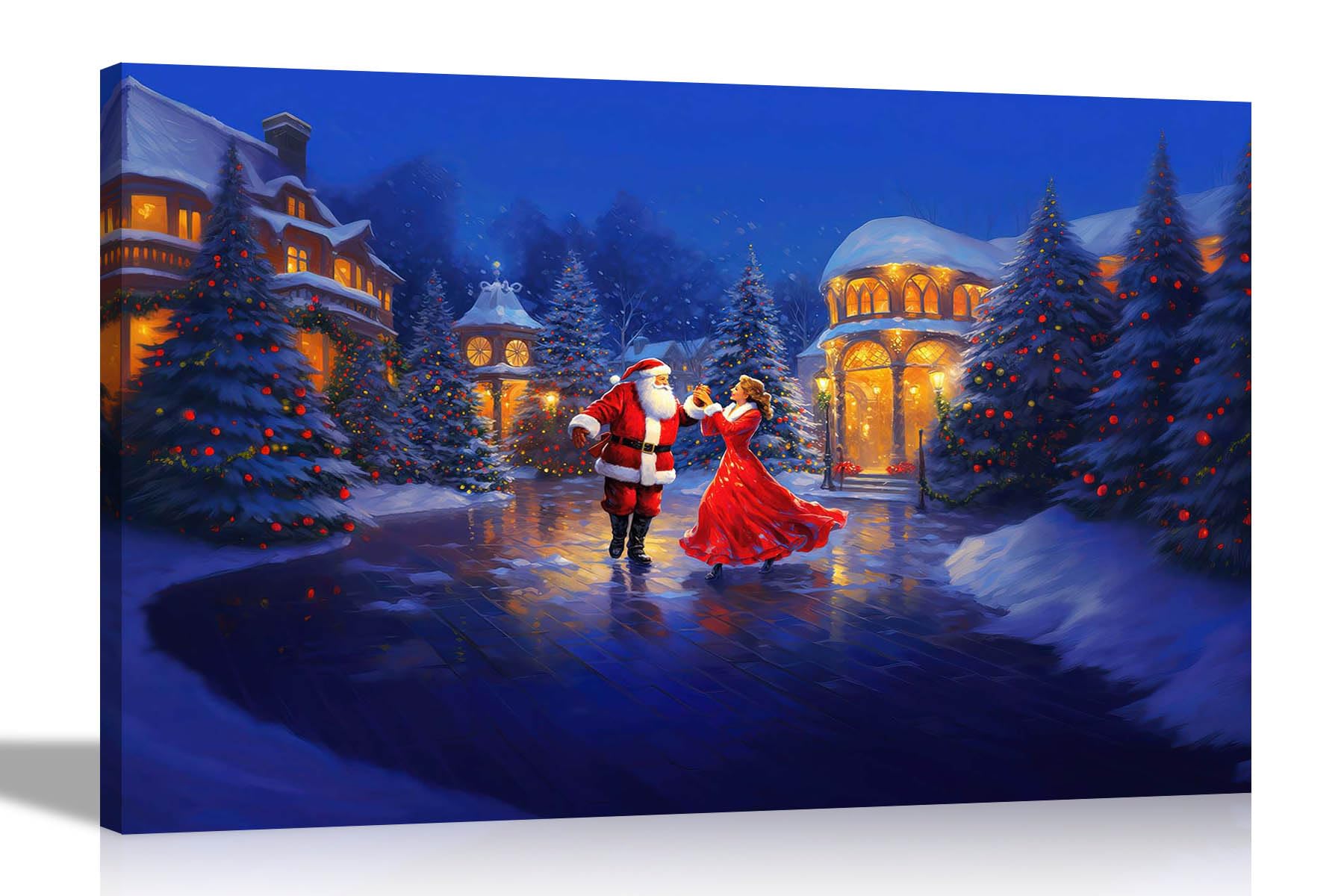 Artley Prints Mr Mrs Clause Dance On Ice - Santa And Mrs Claus Dancing On Ice Canvas Wall Prints Christmas Art To Hang Framed Colourful Living Room Decoration 60 X 40Cm (24 X 16 Inches) A2