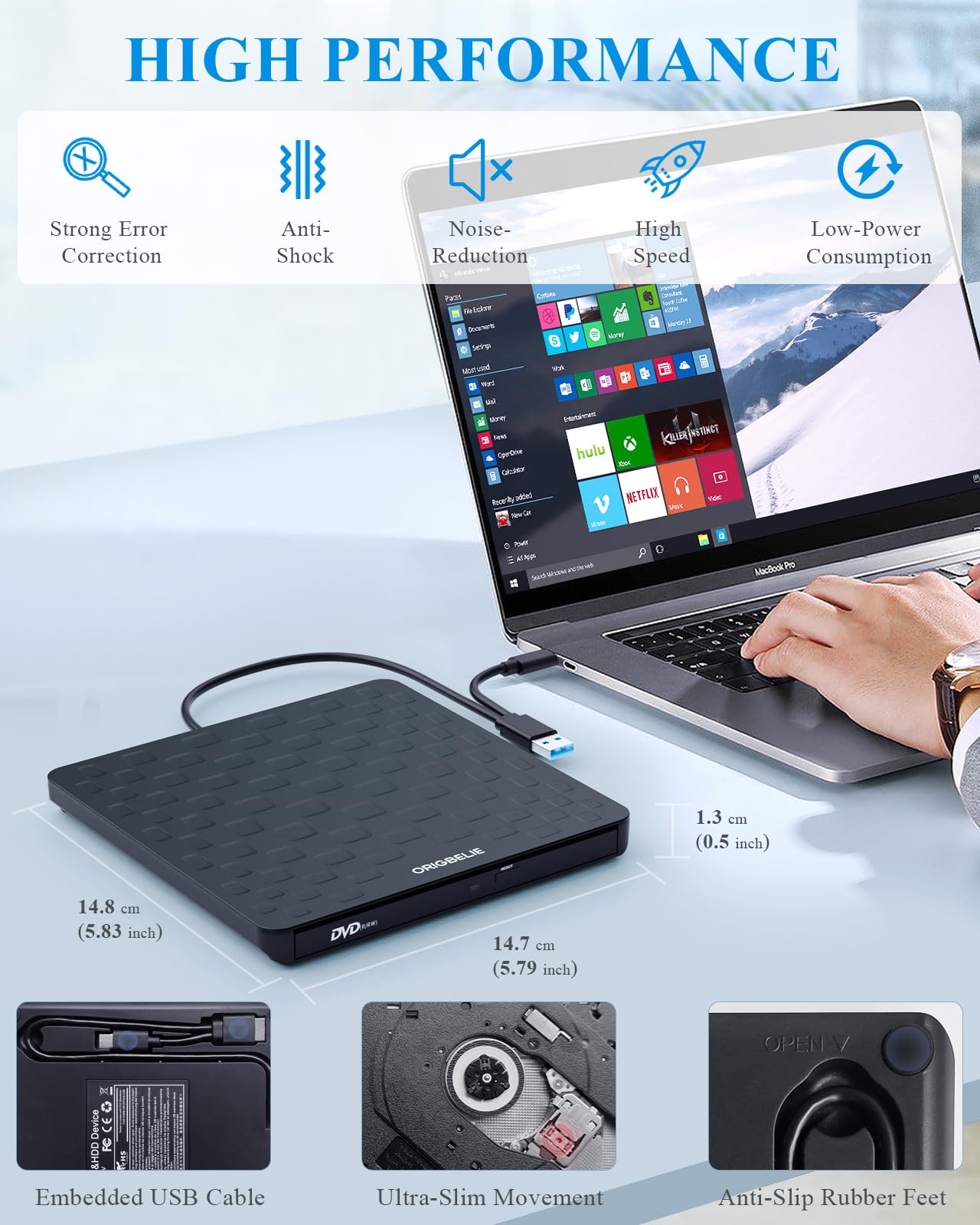 ORIGBELIE - Zewnętrzny napęd CD i DVD do laptopa, USB 3.0 typu C ultra cienki 13mm przenośny odtwarzacz DVD CD DVD +/-RW nagrywarka CD nagrywarka dla PC