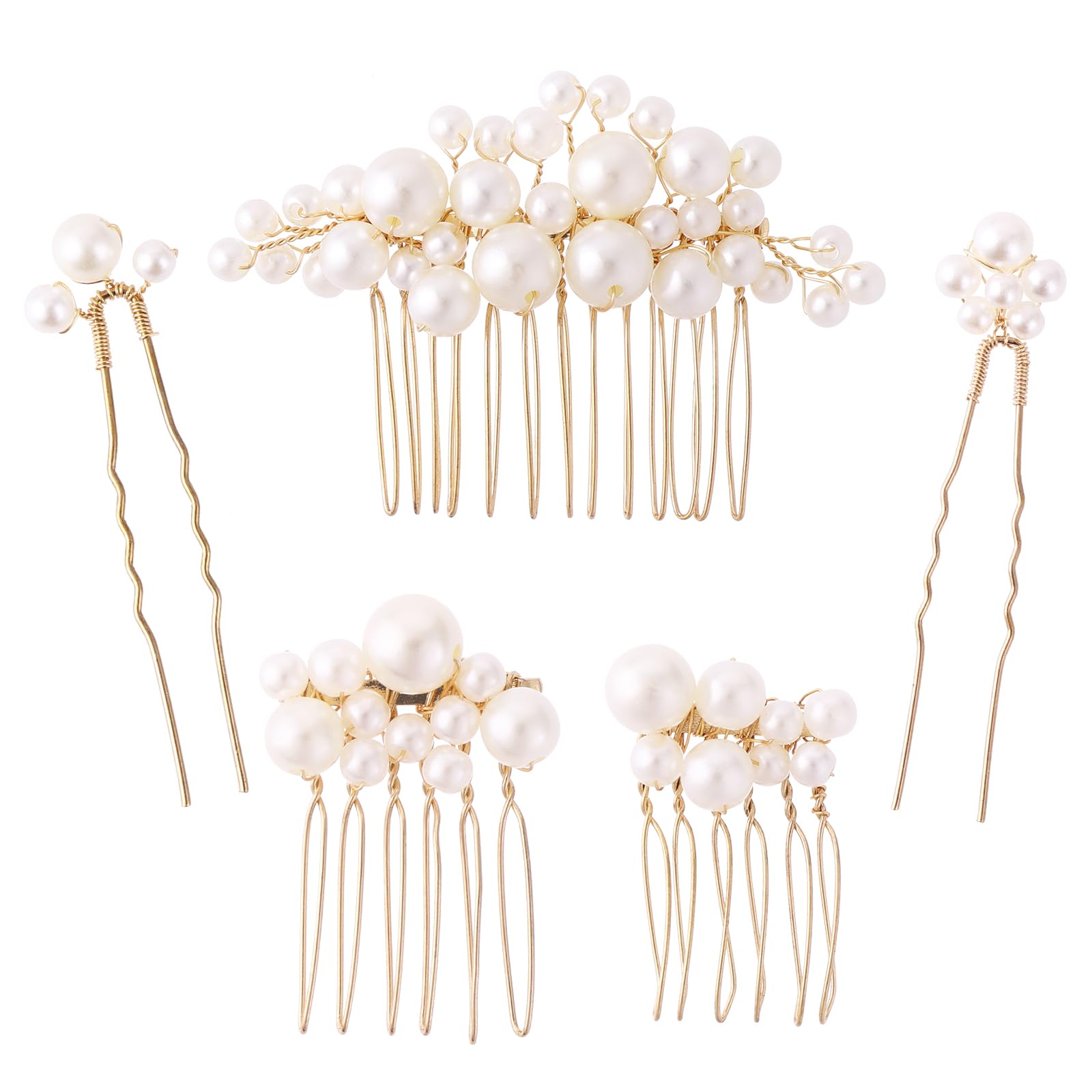 5PCS Pearl Hair Pins Set - Gold Bridal Side Comb U Shape Hair Clip Wedding Pearl Combs Headpiece Vintage Bride Accessories