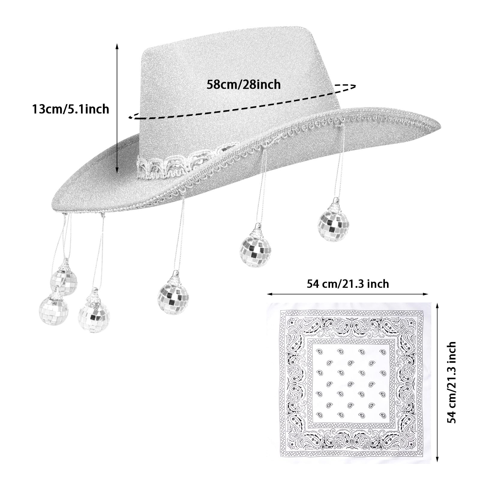 tiggell Cowboy Hat Costume Cowgirl Hat with Disco Ball Heart Shaped Sunglasses & Bandana for Western Cowboy Halloween Cosplay (US, Alpha, One Size, White)