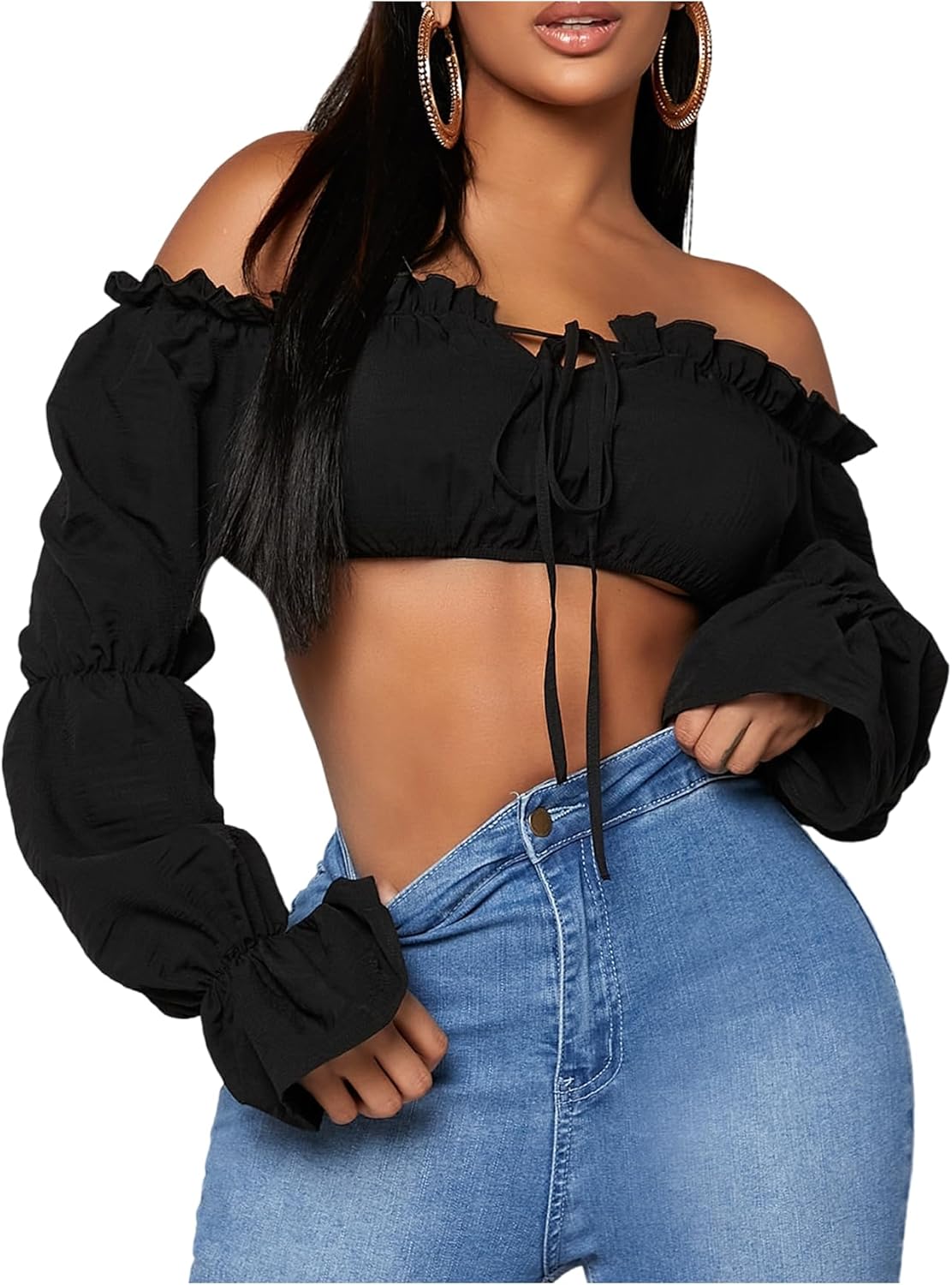 Women's Frill Off The Shoulder Crop Tops Puff Long Sleeve Tie Front Blouses Shirts
