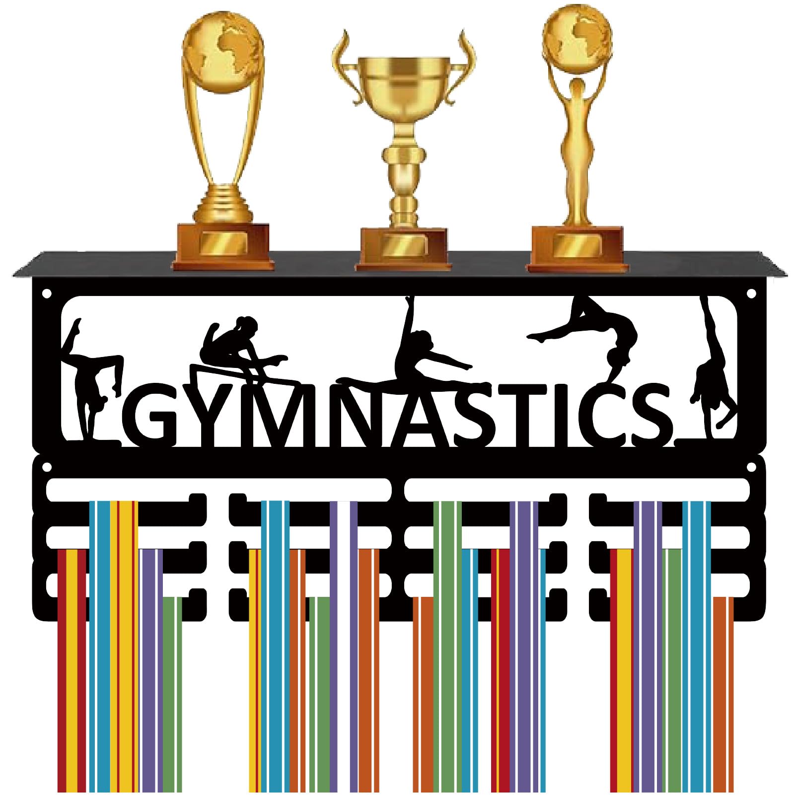 CREATCABIN Porta Medaglie Ginnastica Ripiano Espositore Medaglie Espositore Trofei Supporto Parete in Metallo Sport Supporto 70+ medaglie Competizioni Calcio e Corsa 40x20x10cm