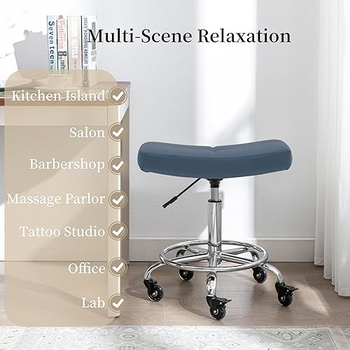 Vista 11 de Taburete enrollable ajustable resistente con asiento ancho, ruedas de goma bloqueables y reposapiés, silla giratoria para cocina, laboratorio, Gris