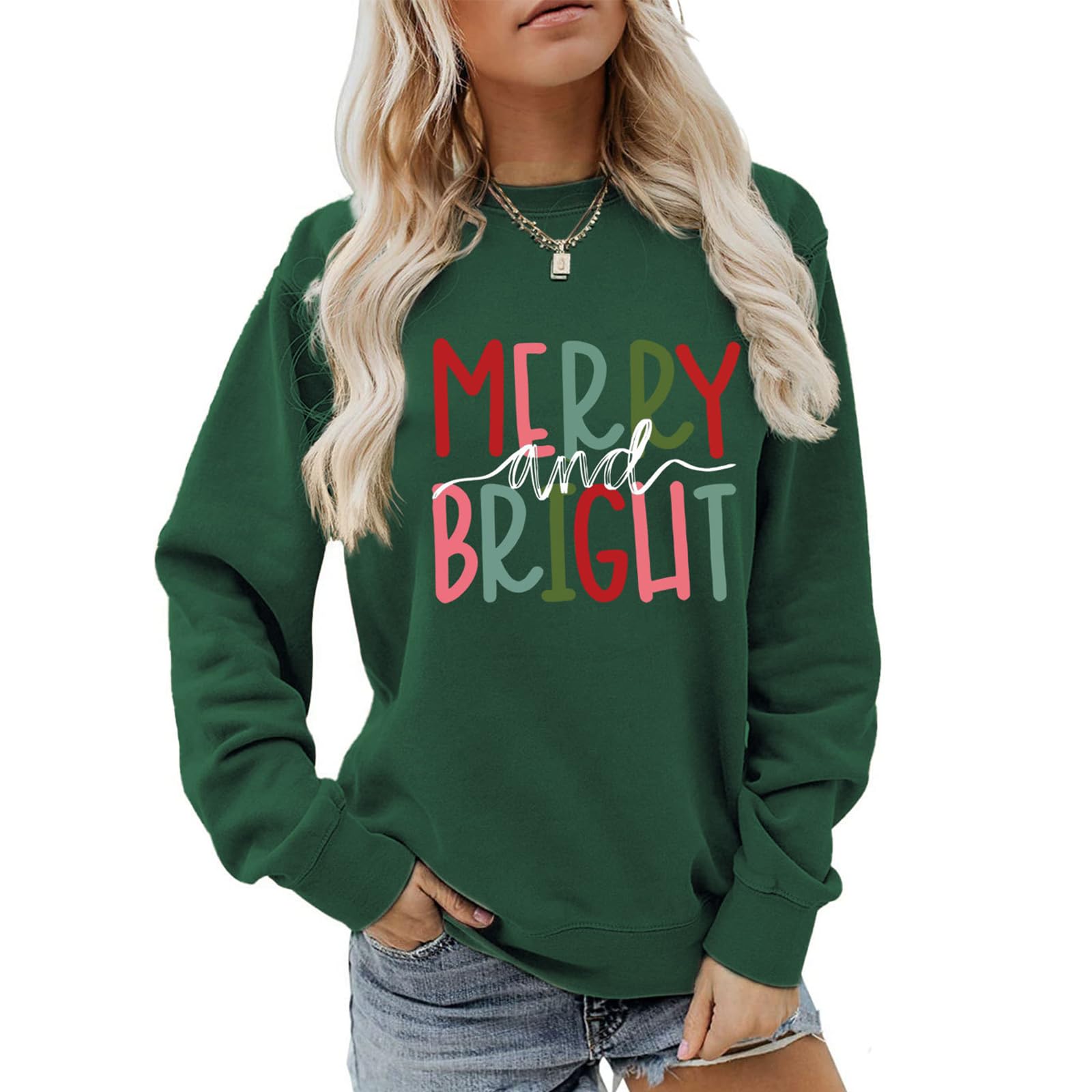 Merry and Bright Sweatshirt for Women Christmas Graphic Tee Casual Long Sleeve Round Neck Pullover Tops