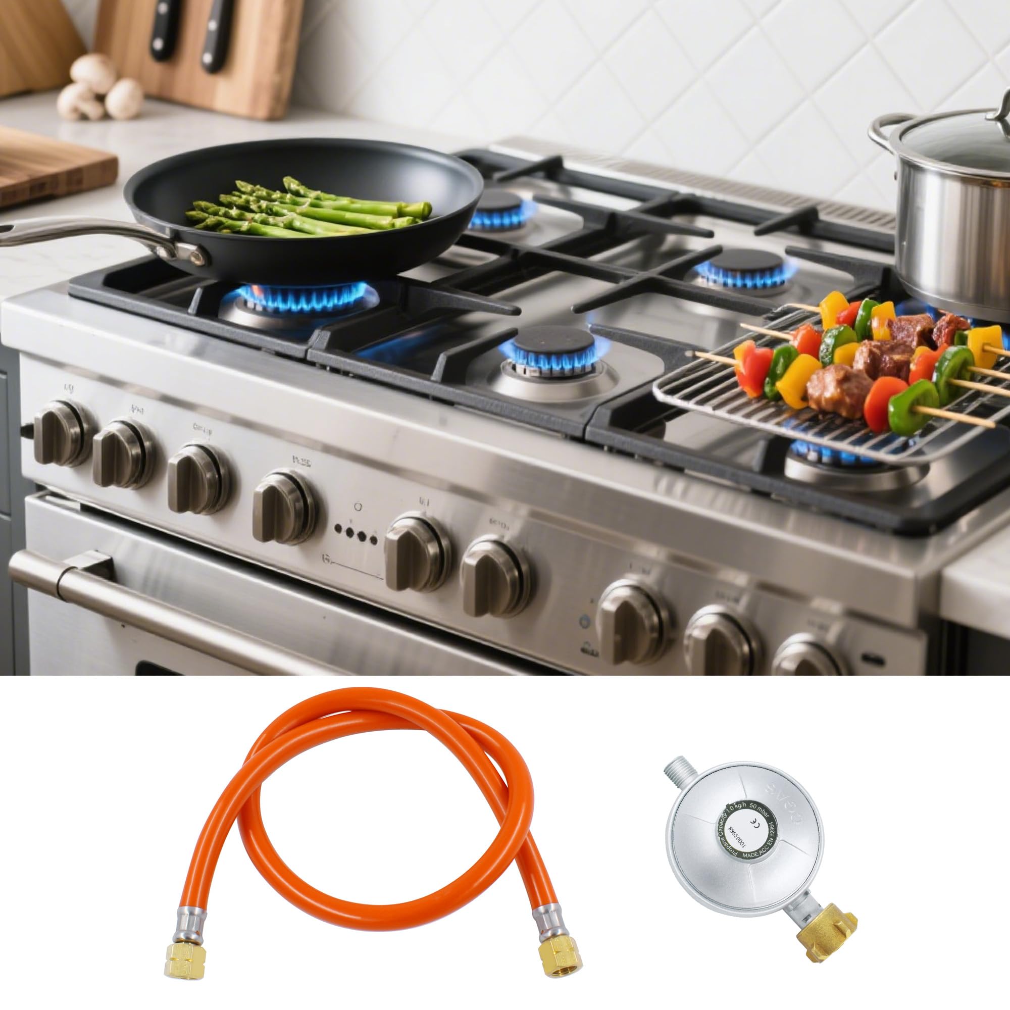 Tuyau de gaz avec réducteur de pression 50 mbar : 150 cm en alliage d'aluminium et cuivre Tuyau de gaz régulateur de pression de gaz avec raccords à vis 1/4" gauche pour barbecues à gaz, camping