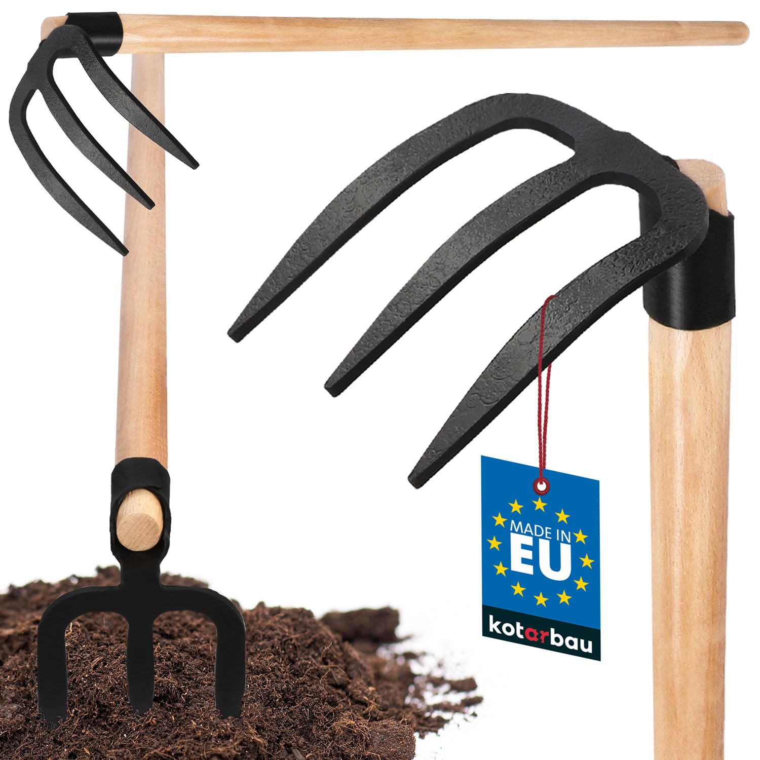 KOTARBAU® 3 Teeth Digging Fork, Potato Shovel, Fork with Wooden Handle 110 cm, Potato Fork, Ground Tools for Aerating, Weeding and Collecting Potatoes, Fork