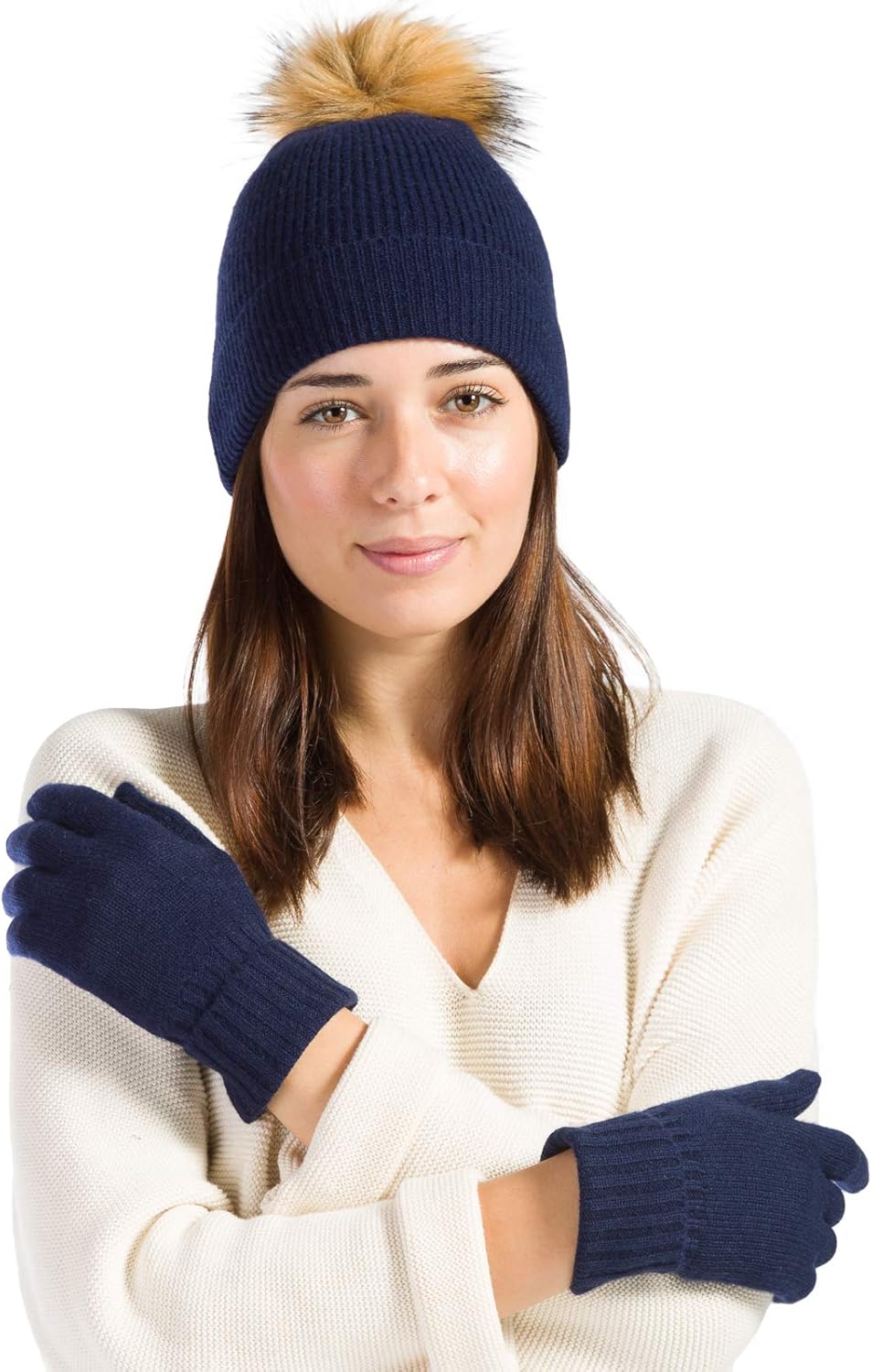 Fishers Finery Women's 100% Cashmere Pom Hat and Glove Set; with Gift Box