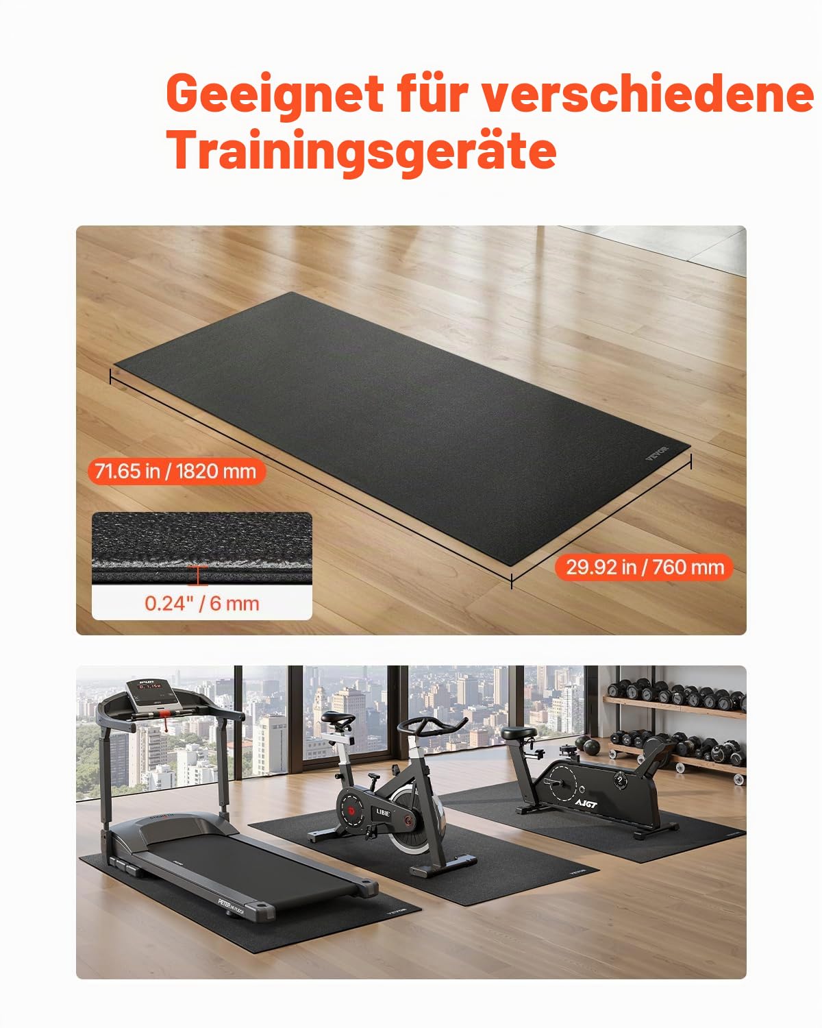VEVOR Laufbandmatte für Teppichboden Bodenschutzmatte (760 x 1820 mm) für Sportgeräte 6 mm dick, Trainingsgerätematte für Laufbänder Heimtrainer Liegeräder, hochdichter PVC-Bodenschutz
