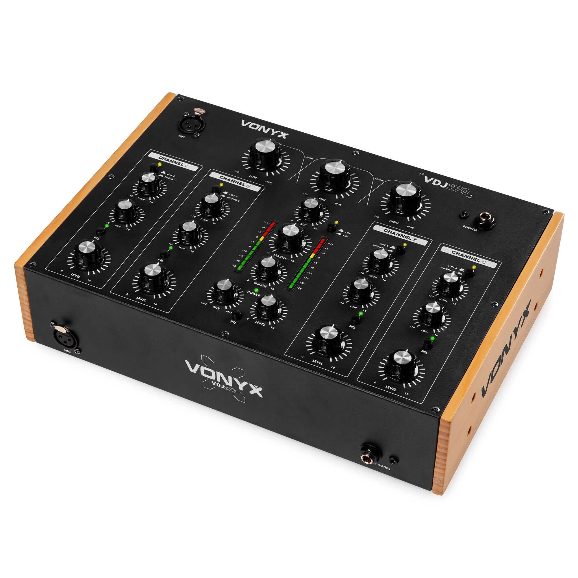 Vonyx VDJ270 DJ mixer a 4 canali – analogico Rotary Audio Mixer con 2 bande EQ & XLR – Retro DJ mixer nero effetto legno – Sound Mixer per vinile & Club – Include Booth Output & Mic Input