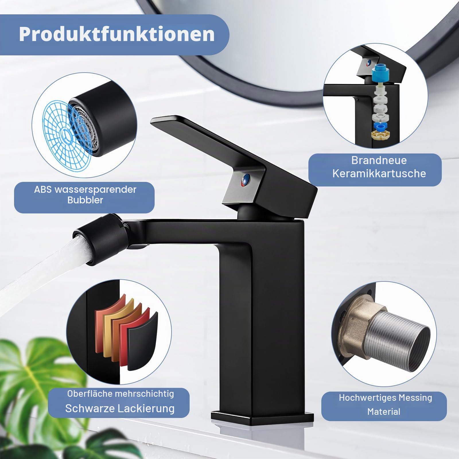 Bidet Wasserhahn Bad Schwarz Einhebel Bidetarmatur Drehbar Auslauf | Auslauf Höhe 110mm, Keramikkartusche, Luftsprudler, 60cm Flexschlauch, G3/8 Anschlüsse, Wassersparend,Eckig, Massives Messing
