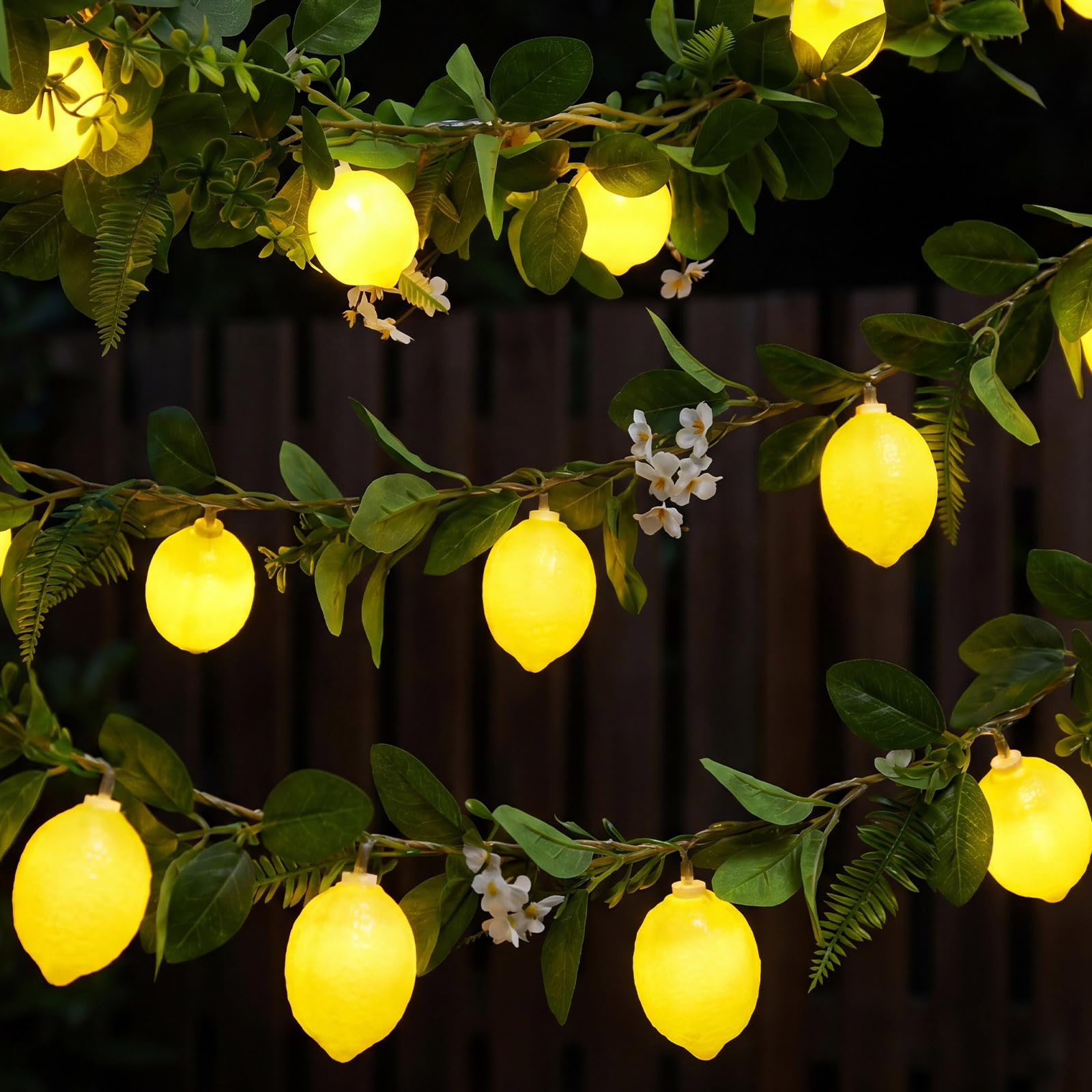 Baquler 2 Stück 3D-LED-Lichterkette, batteriebetrieben, Frühling, Sommer, künstliche Obstgirlande, Glühbirnen mit Zweigen, Blättern, Lichterketten für Hochzeit, Party, Tischdekoration, Zitronenblüte