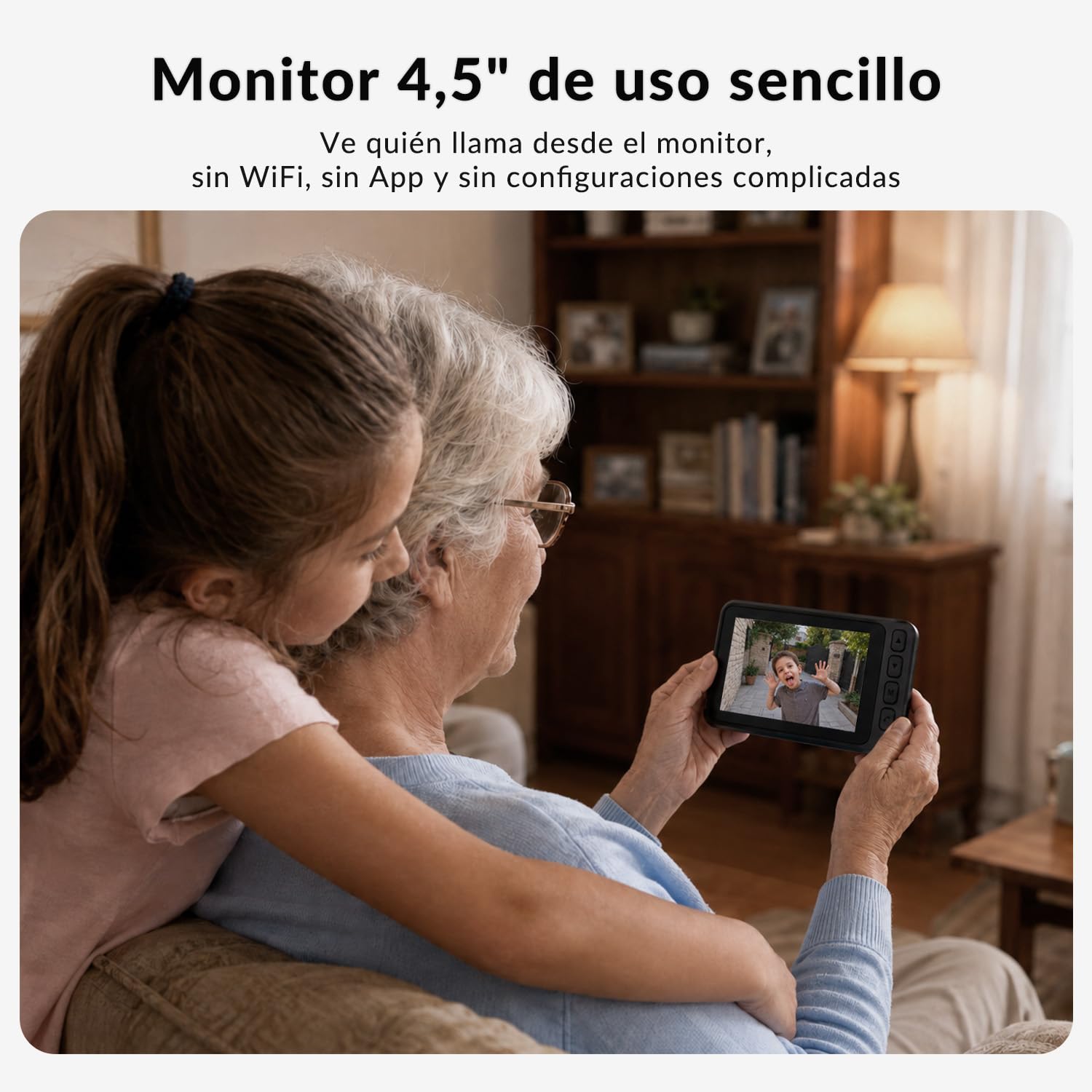 Timbre Inalámbrico con Cámara Exterior Impermeable, Videoportero Inalambrico con Pantalla de 4,5", Angular de 120°, Visión Nocturna y Audio Bidireccional, Batería de Larga Duración, No Requiere WiFi