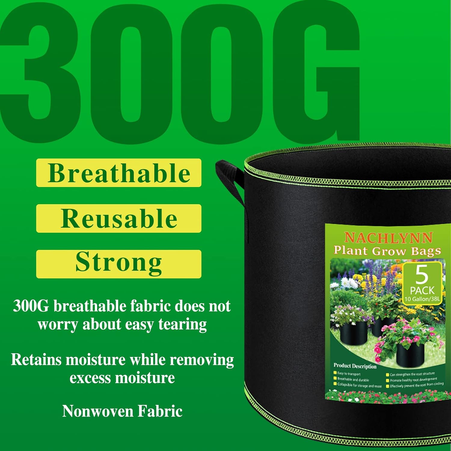 NACHLYNN 5-Pack 10 Gallon Grow Bags with Handles Thickened Nonwoven Fabric Pots Heavy Duty Aeration Fabric Pots Plant or Fruits Flowers Plant - Image 4