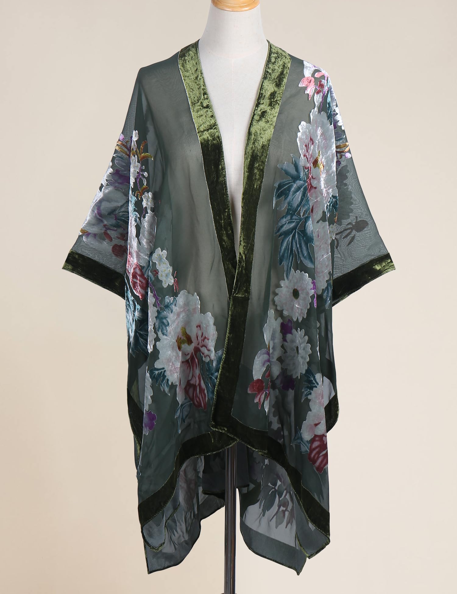 MJ SERECA Damen Burnout-Velours-Kimono, langer Cardigan, Überwurf, lässiges Outfit, One Size-Large Plus Tall