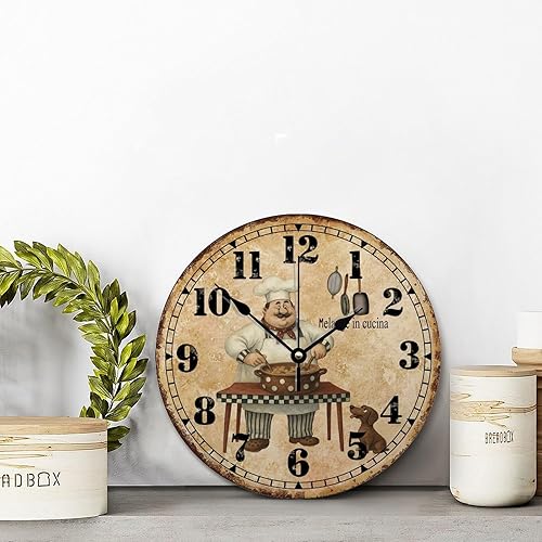 Miniatura 4 de ArogGeld Chef - Reloj de pared de cocina con reloj de perro, silencioso reloj de pared redondo de madera, funciona con pilas, reloj colgante