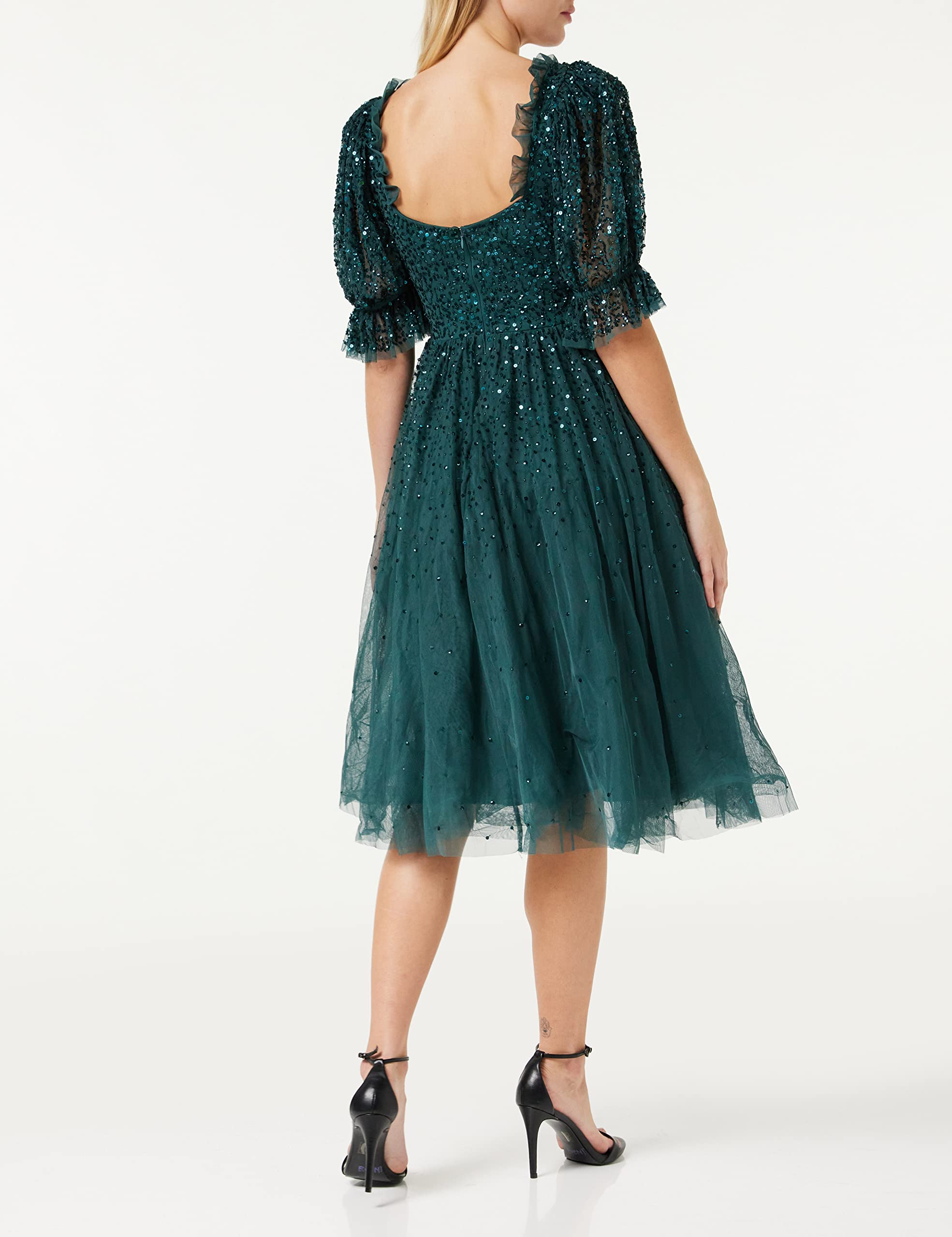 Maya Deluxe Damska sukienka damska midi sequin Embellished Frilly Sweetheart Neckline Puffed Sleeves For Wedding Guest Prom Evening Dress Women, Zielona, 46