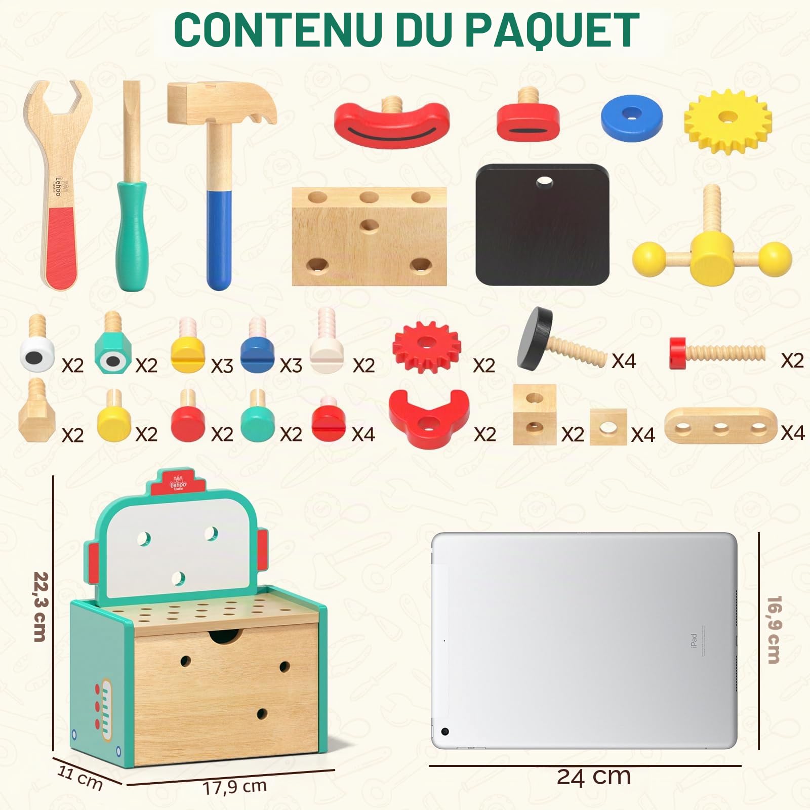 Lehoo Castle Caisse a Outil Enfant Jouet en Bois Jouet 3 4 5 Ans Fille Garcon, 29 Pièces Boite a Outils Établi Enfant, Jeu de Construction Jeux Educatif 3 Ans+