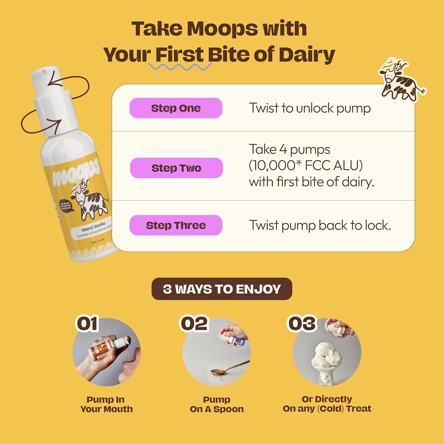 Moops Liquid Lactase Enzyme Syrup 2oz – Delicious Sweet Vanilla Flavor – 10,000 FCC Units for Fast Acting Dairy Relief – Customizable Dosing for Lactose Intolerance – Portable Twist-to-Lock Pump - Image 6