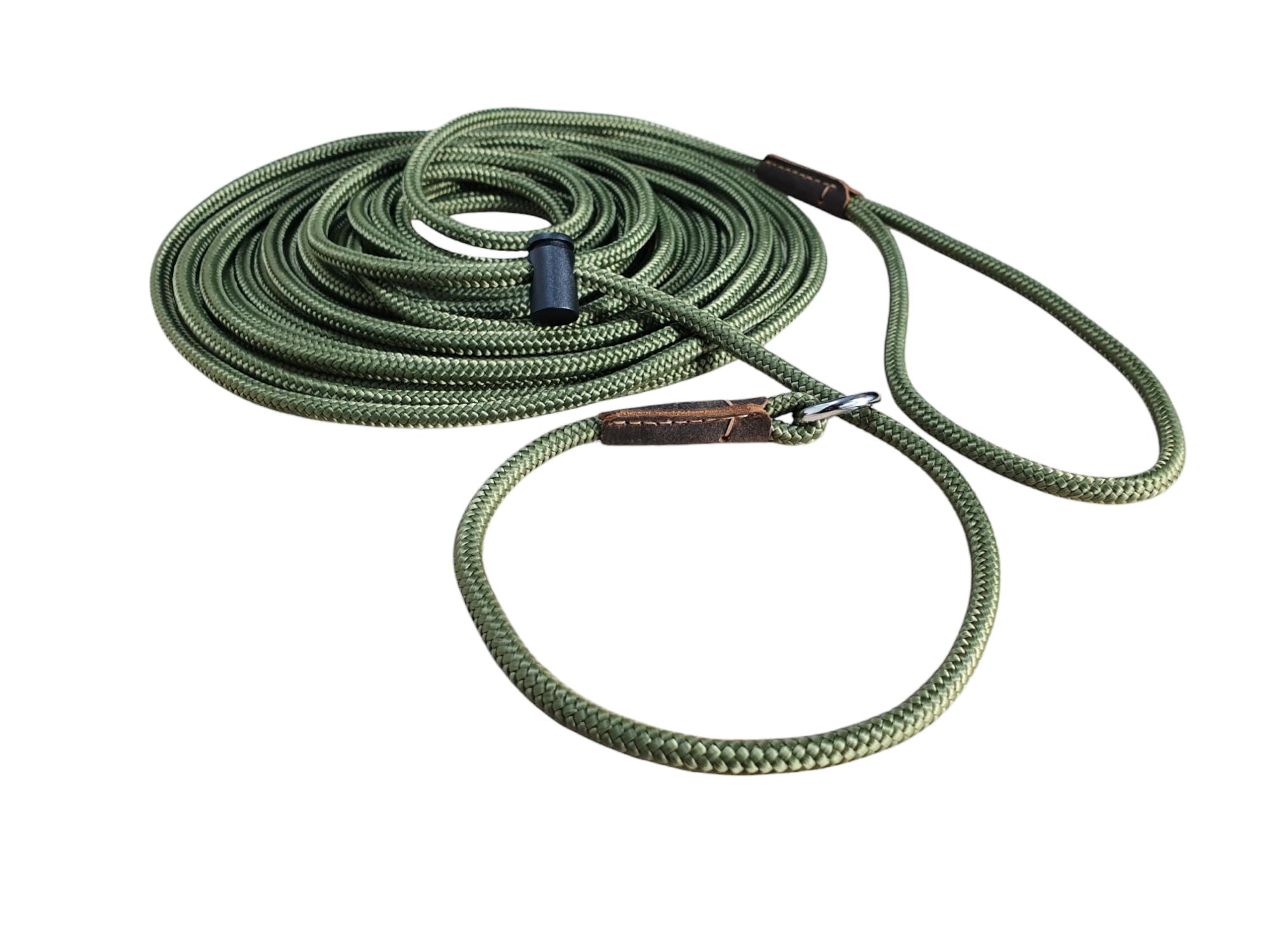 p.e.s. Signature Long Line Slip Lead โ Long Dog Training Leash, Gun Dogs & Field Trials Lead, 6mm PP Rope, Spring-loaded stopper, Leather binding, Handmade in the UK (Dark Olive, 10 Feet)