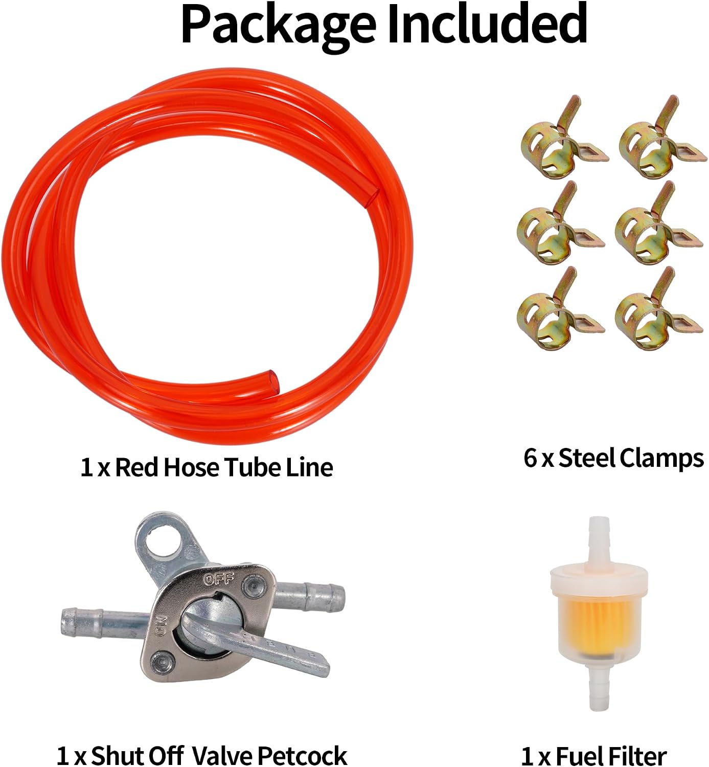 Gas Fuel Line Hose Clamps Oil Filters with Inline Fuel Shut Off Valve Petcock Petrol Switch for 50cc 90cc 110cc 125cc 150cc 250cc Baja BA150 ATV Four Wheeler Go Kart Scooter Dirt Pit Bike Red