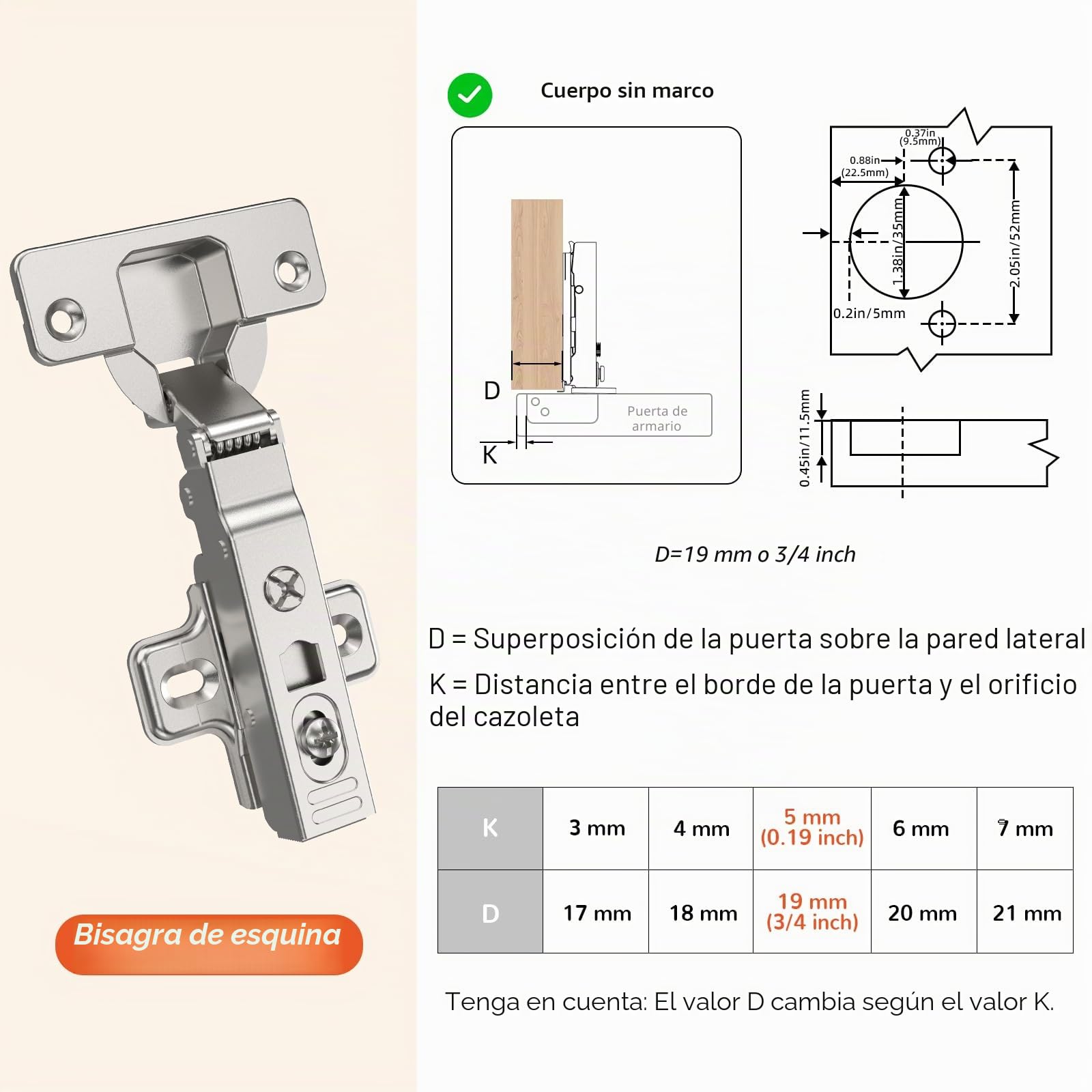 Furniware 2 piezas de bisagras de cierre suave para esquinas, bisagras para armario con distancia entre agujeros de 52 mm, bisagra angular de 105 grados para cocina, topes de 35 mm, bisagras para