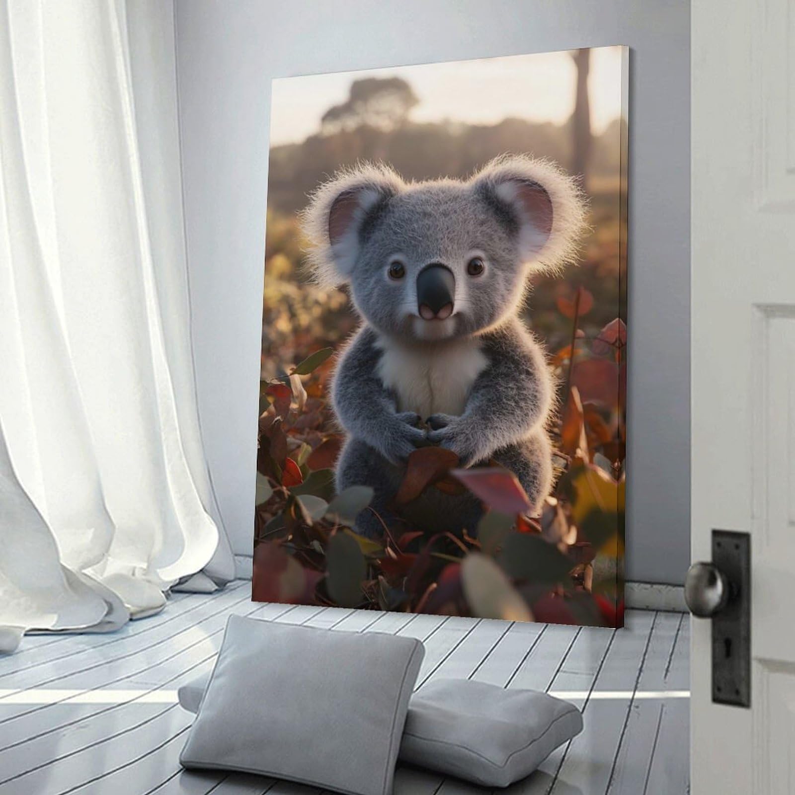 Junmoney Wall Decor Canvas Print Cute Koala in Autumn Leaves, 24x36inch(60x90cm), for Home Lounge, Bedroom Or Reading Nook, Canvas Styling for A Polished Room Look